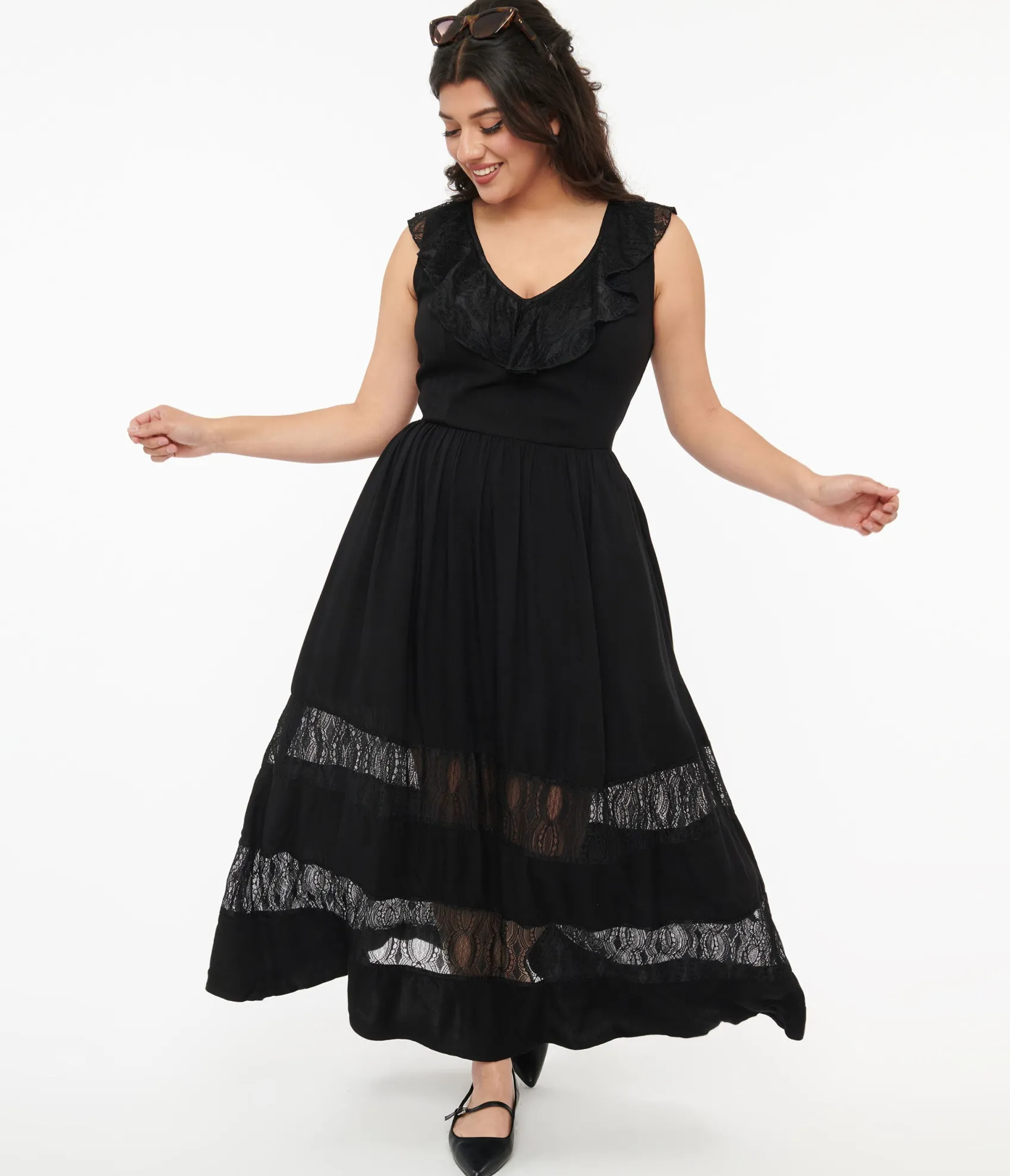 Unique Vintage Hell Bunny 1970s Black Lace Stripe Maxi Dress Sale