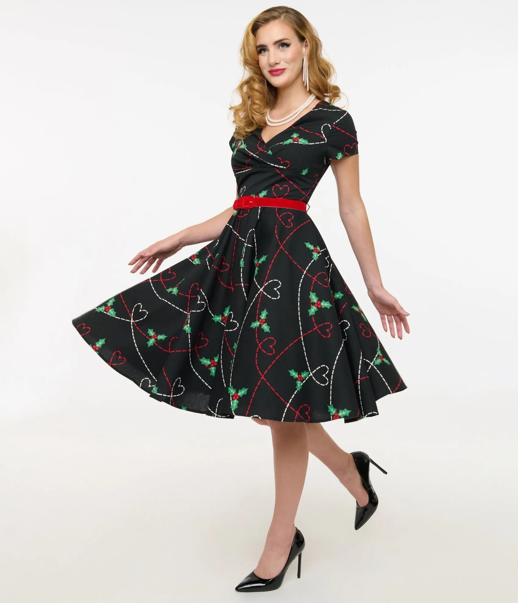 Unique Vintage Hell Bunny 1950s Festive Hearts & Holly Print Angelica Swing Dress Sale