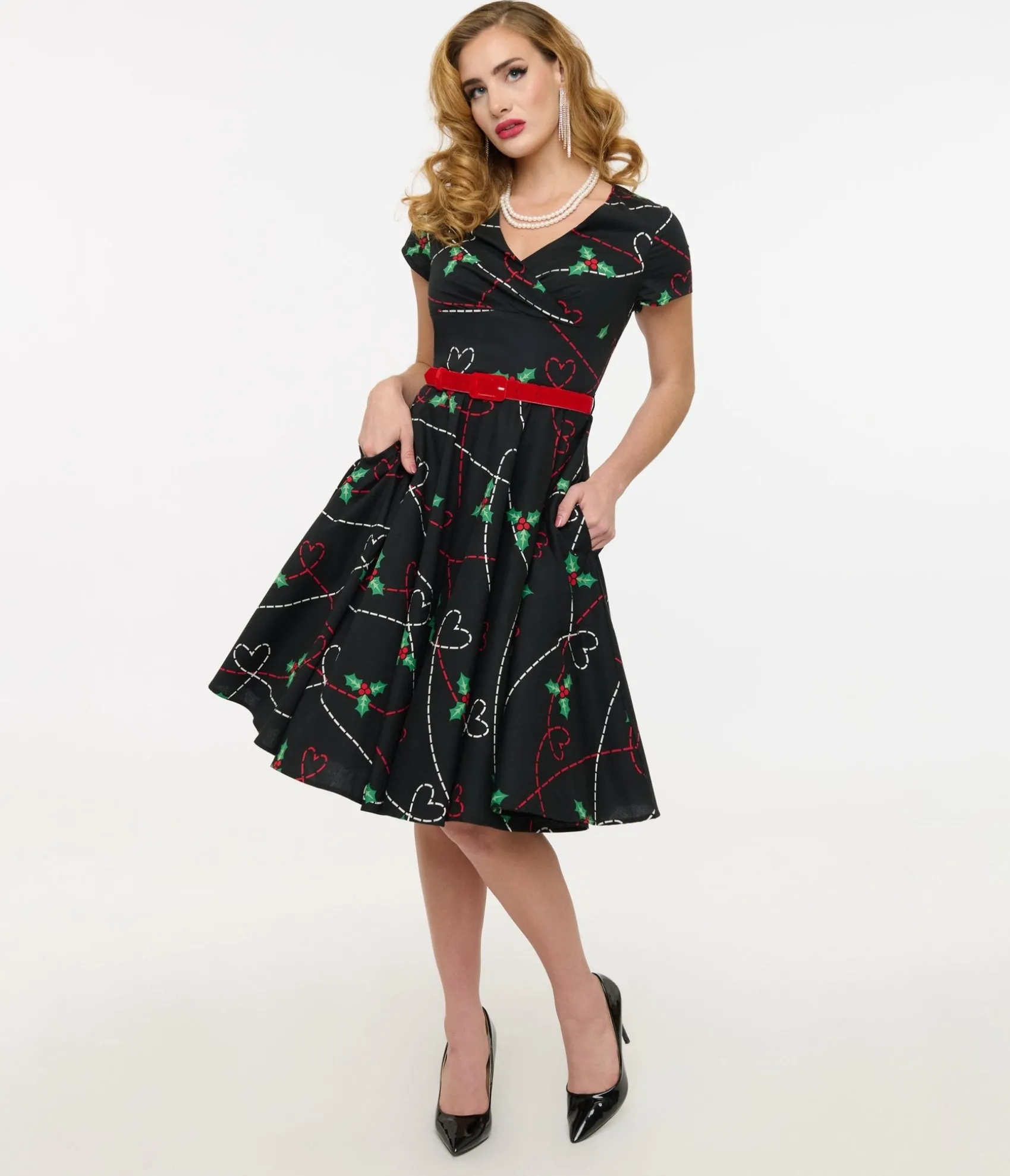 Unique Vintage Hell Bunny 1950s Festive Hearts & Holly Print Angelica Swing Dress Sale