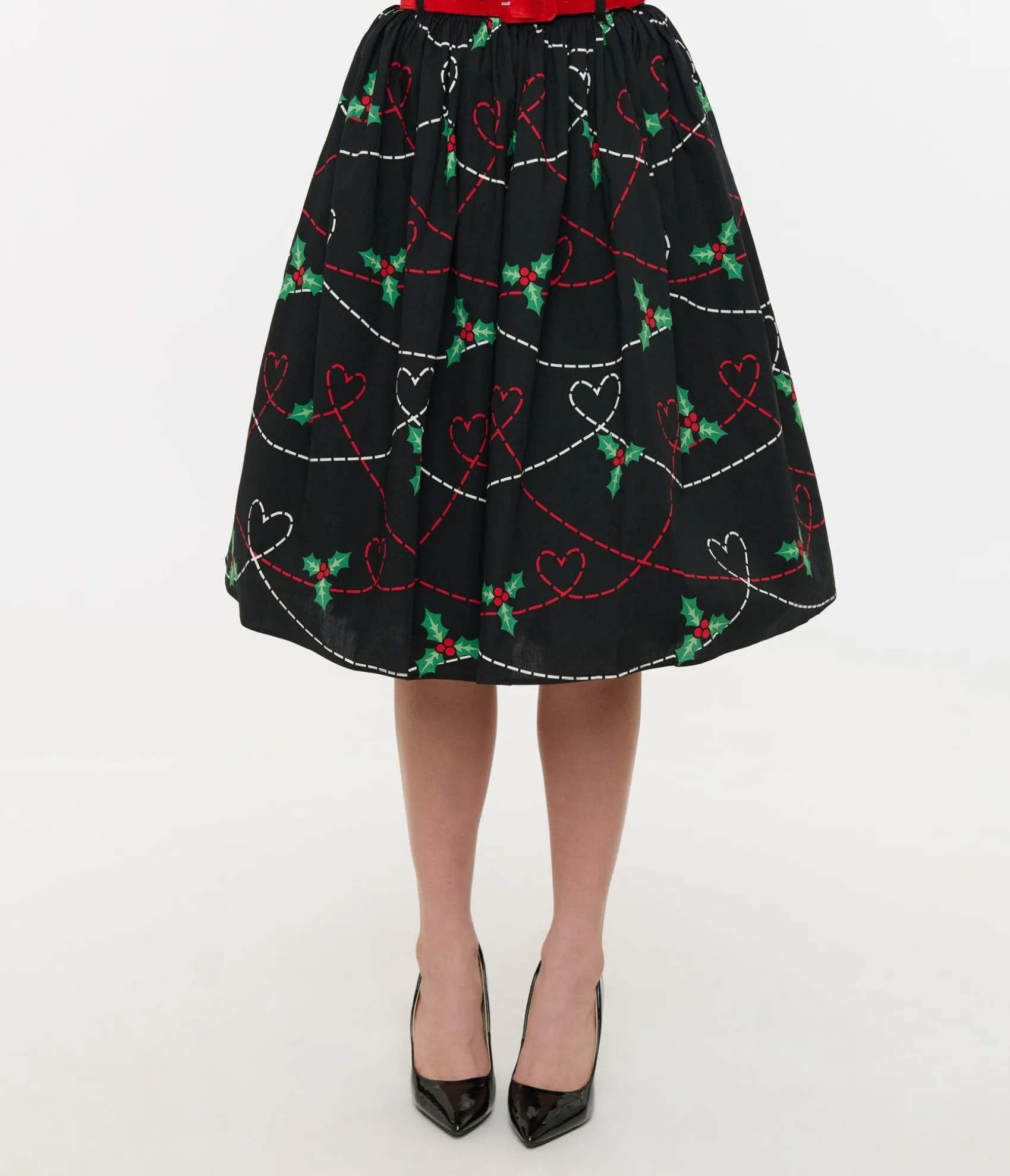 Unique Vintage Hell Bunny 1950s Festive Hearts & Holly Print Angelica Swing Skirt Fashion