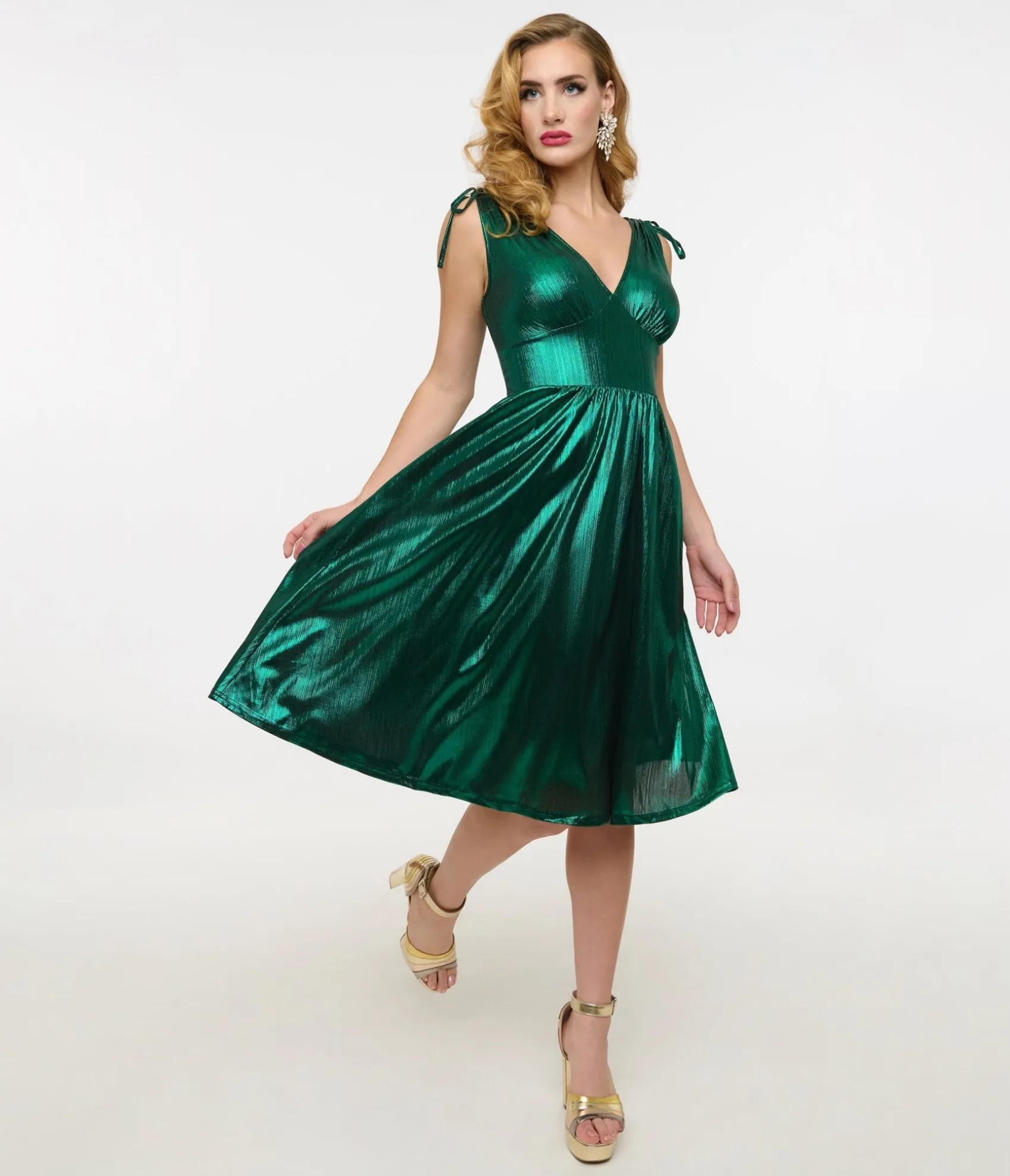 Unique Vintage Hell Bunny 1970s Green Metallic Gigi Midi Dress Outlet