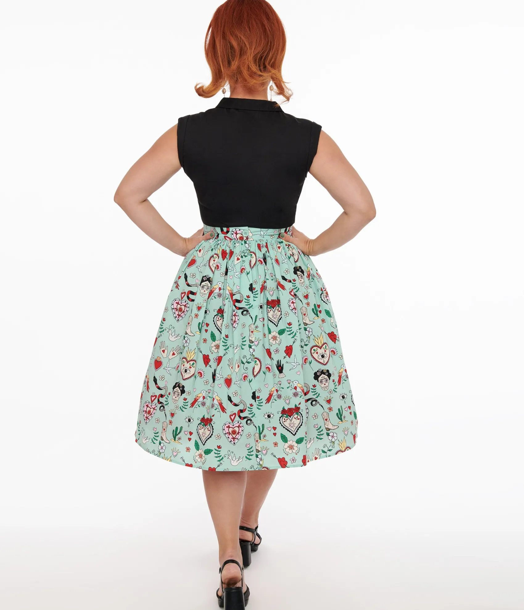 Unique Vintage Hell Bunny 1950s Mint Green Tijuana Print Cotton Swing Skirt Outlet