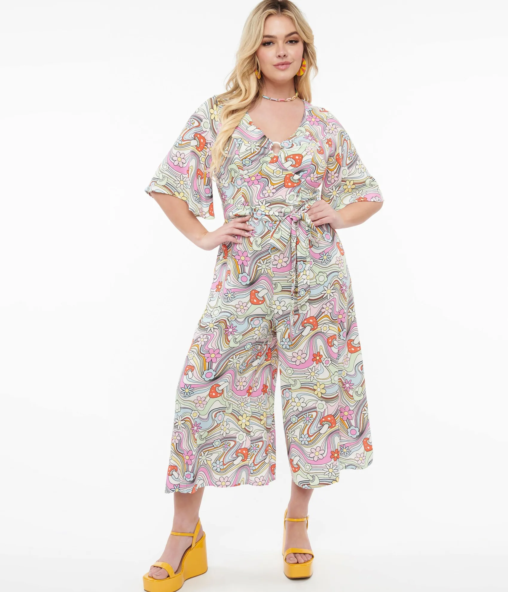 Unique Vintage Hell Bunny 1960s Pastel Rainbow Hazy Daze Floral Jumpsuit Outlet