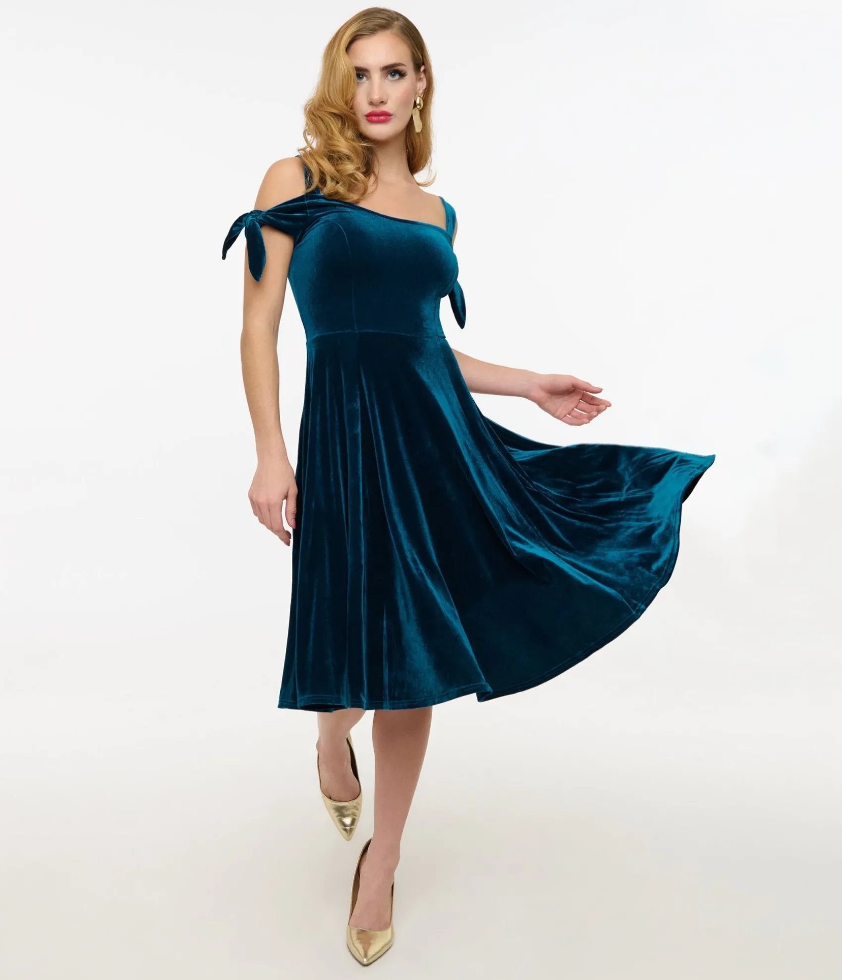 Unique Vintage Hell Bunny Teal Velvet Off The Shoulder Midi Dress New