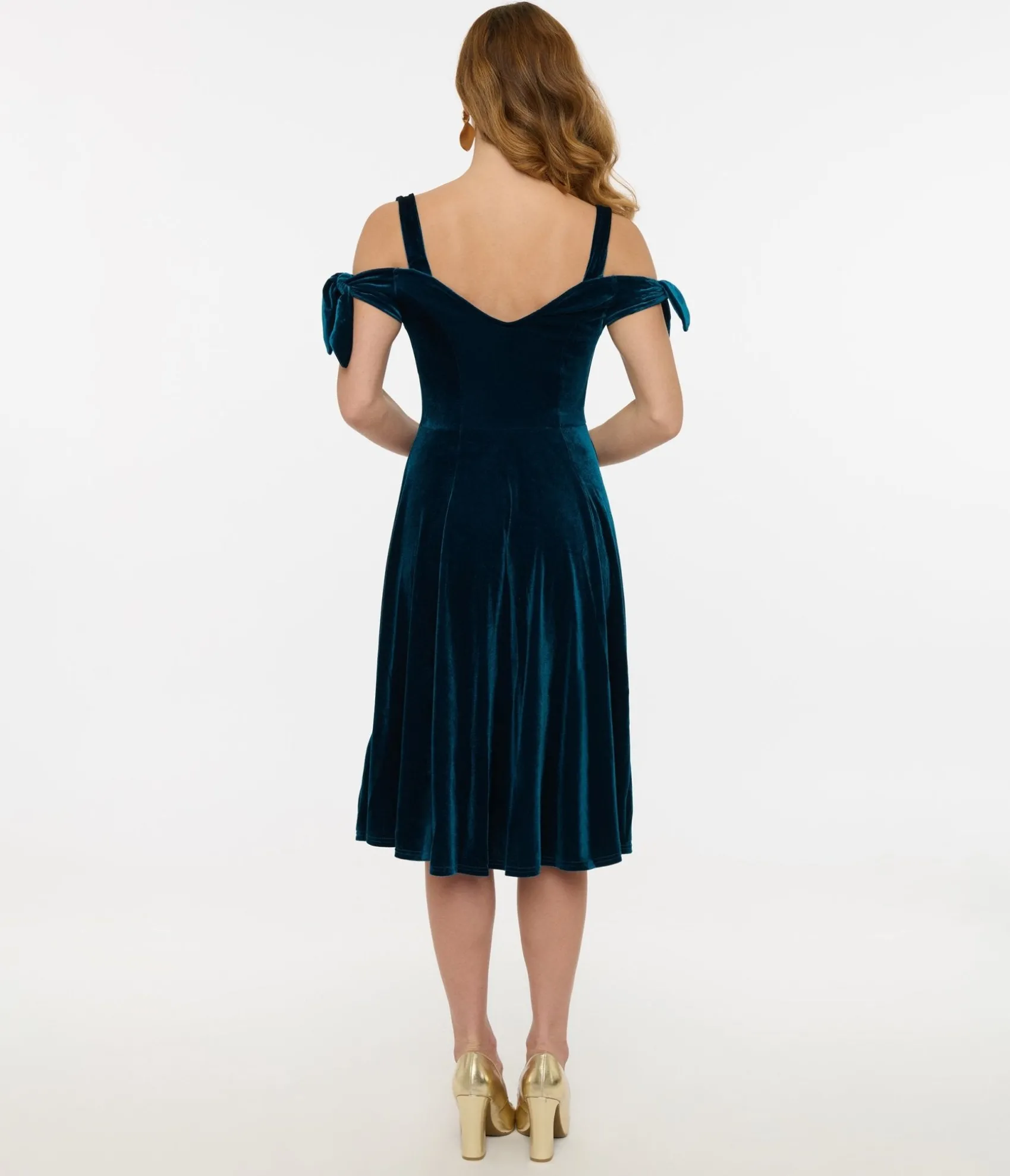 Unique Vintage Hell Bunny Teal Velvet Off The Shoulder Midi Dress New