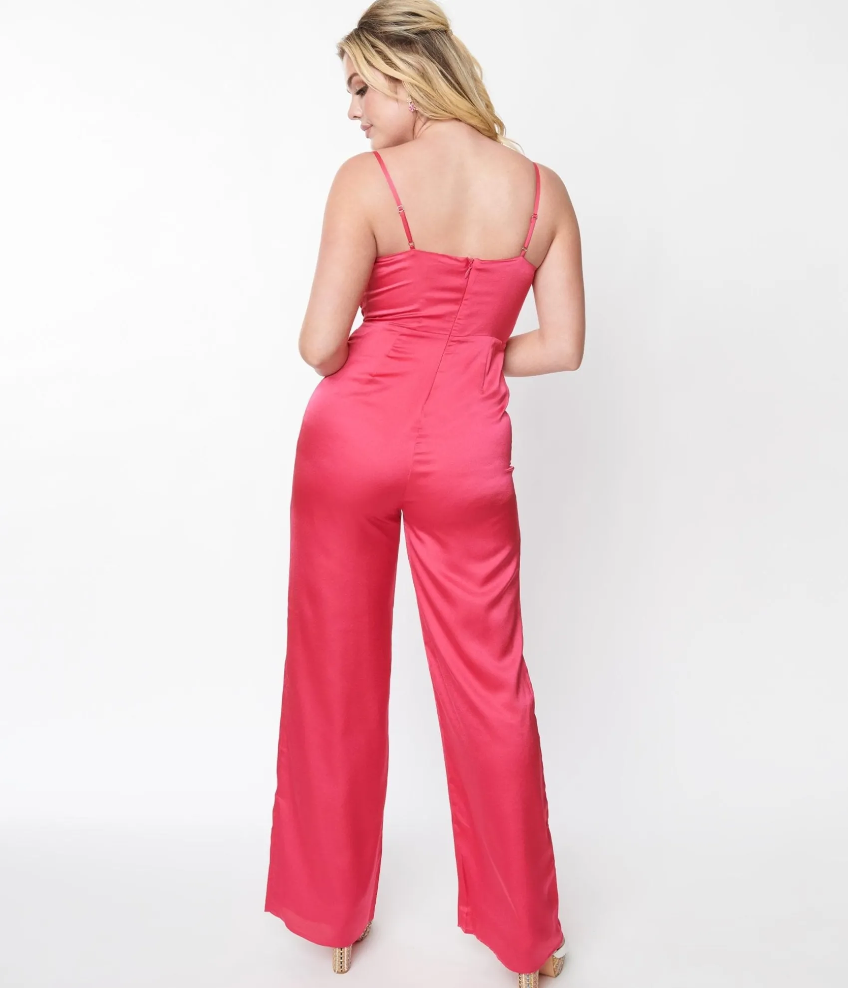 Unique Vintage Hot Pink Chateau Satin Cowl Neck Jumpsuit Best Sale