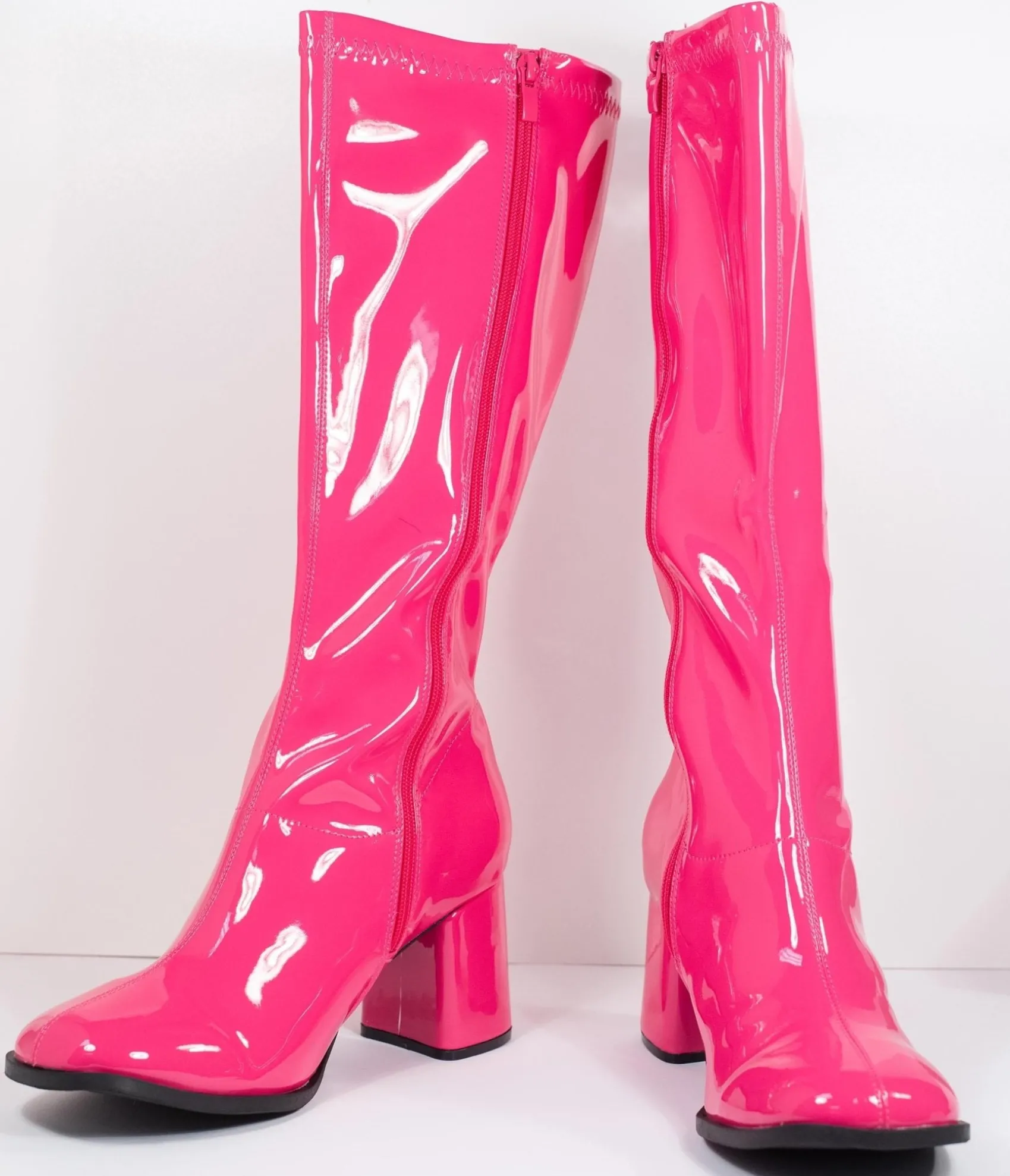 Unique Vintage Hot Pink Patent Leatherette Knee High Go Go Boots Discount
