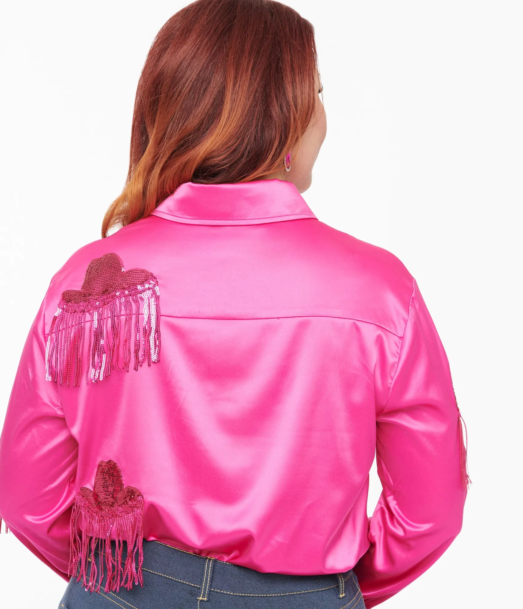 Unique Vintage Hot Pink Western Hat Sequin Fringe Satin Blouse Cheap