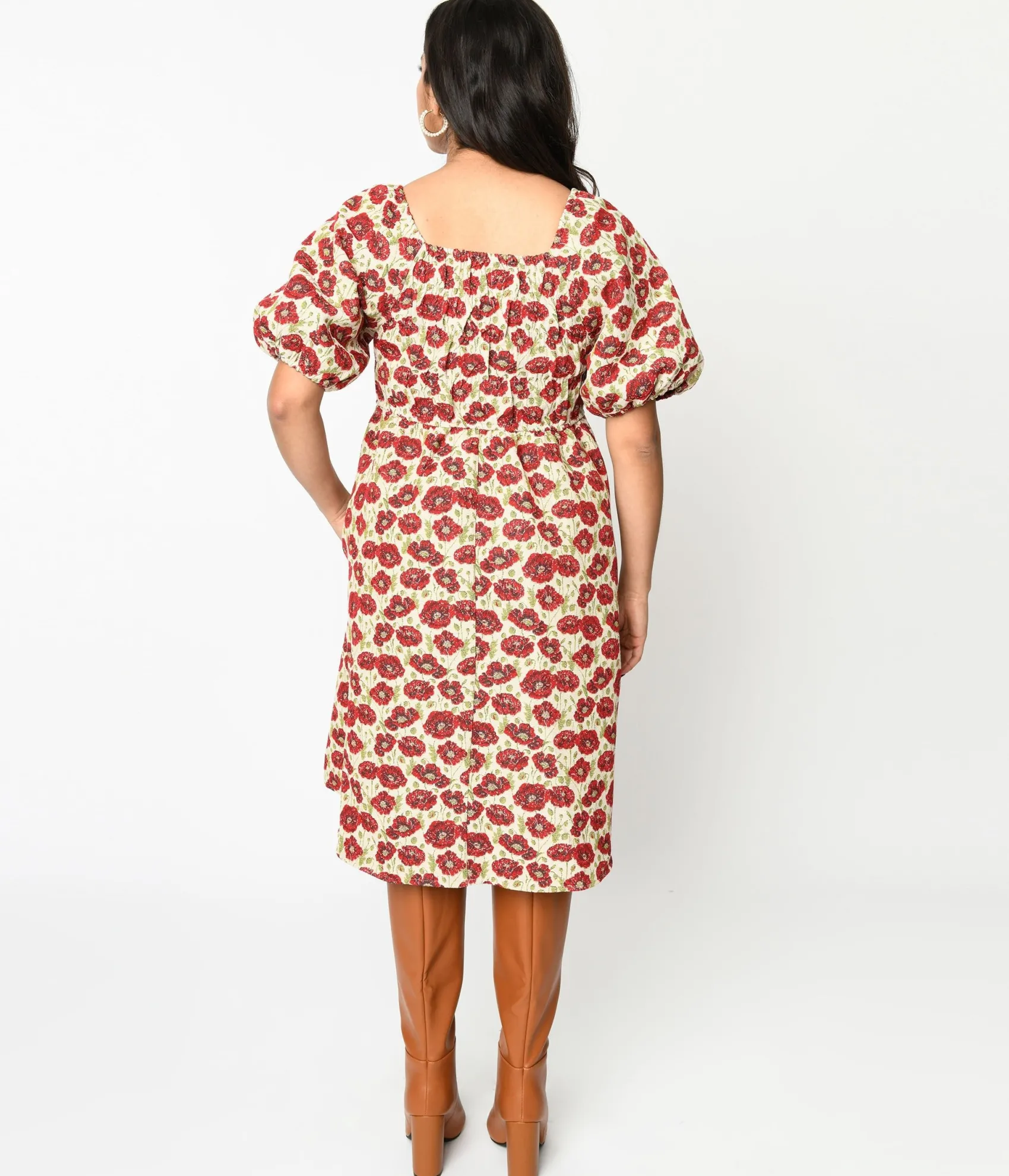Unique Vintage Ivory & Red Floral Kiss Jacquard Fit & Flare Dress Cheap