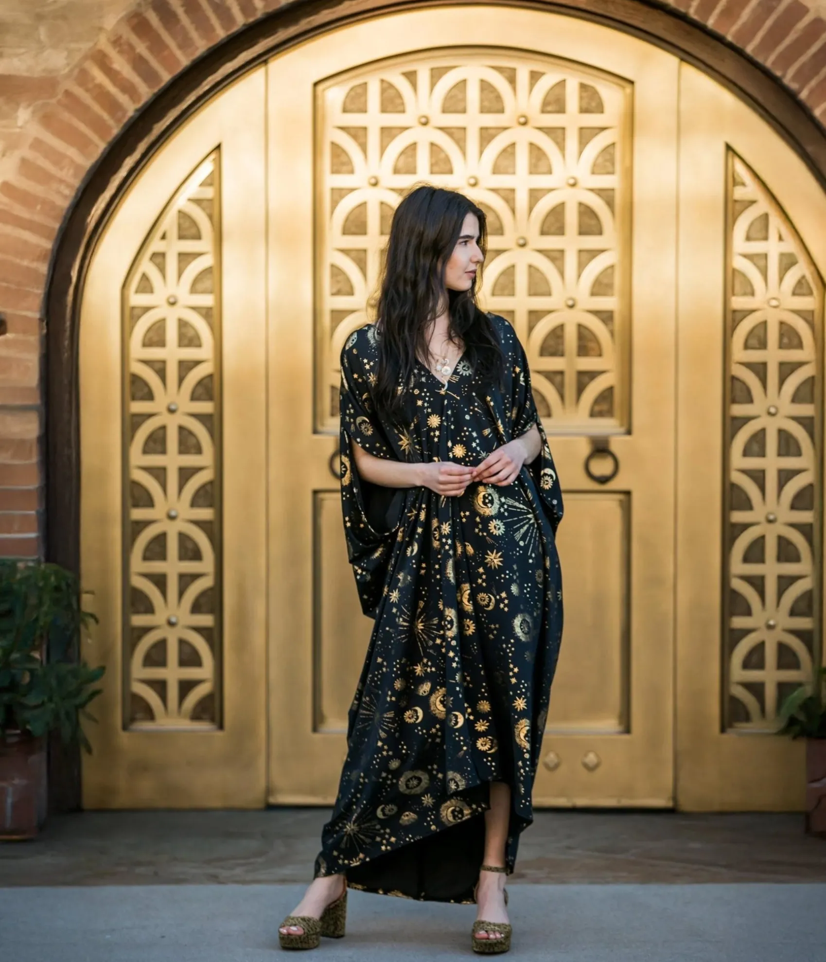 Unique Vintage Jennafer Grace Black & Gold Celestia Caftan Clearance