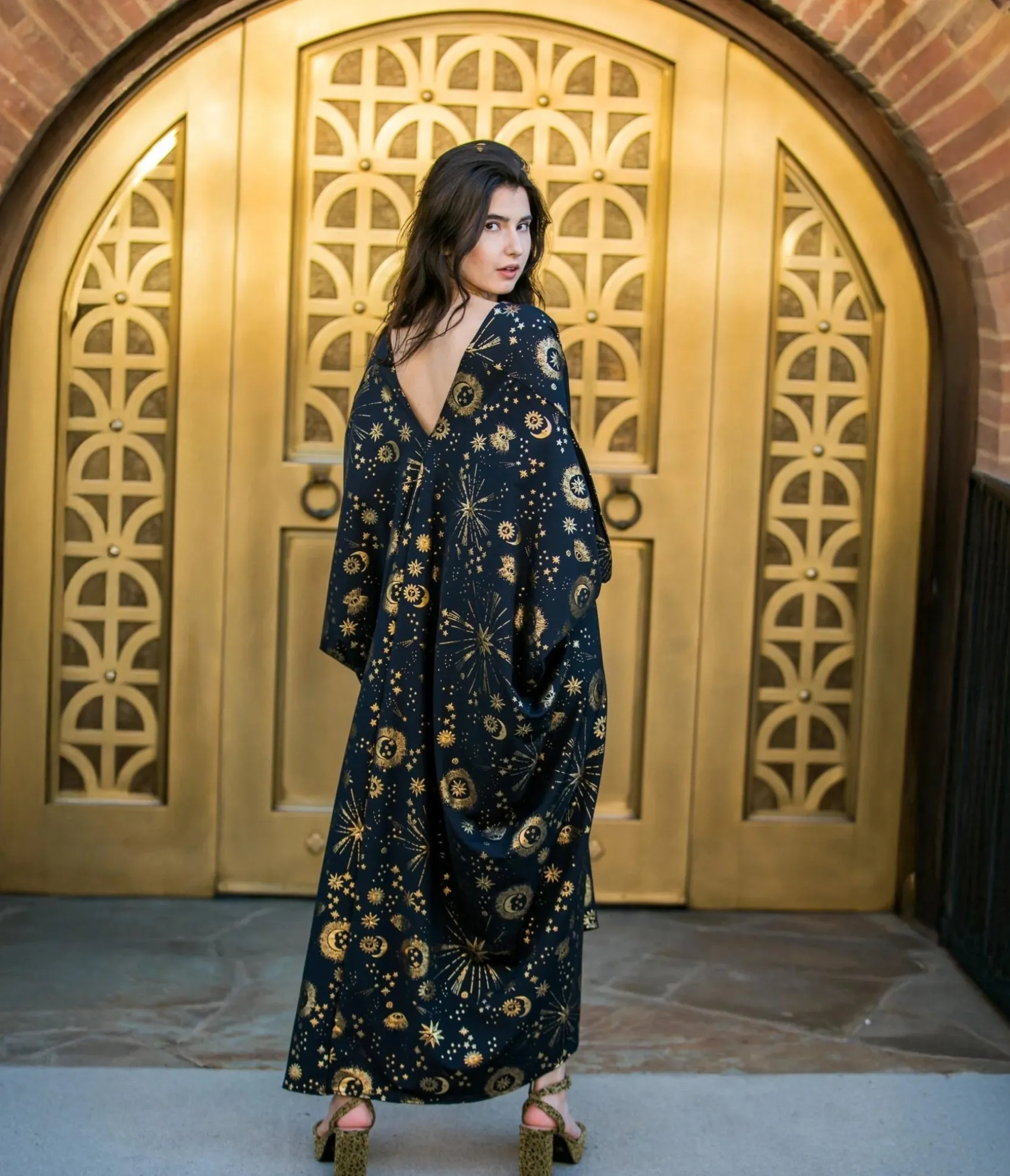 Unique Vintage Jennafer Grace Black & Gold Celestia Caftan Clearance