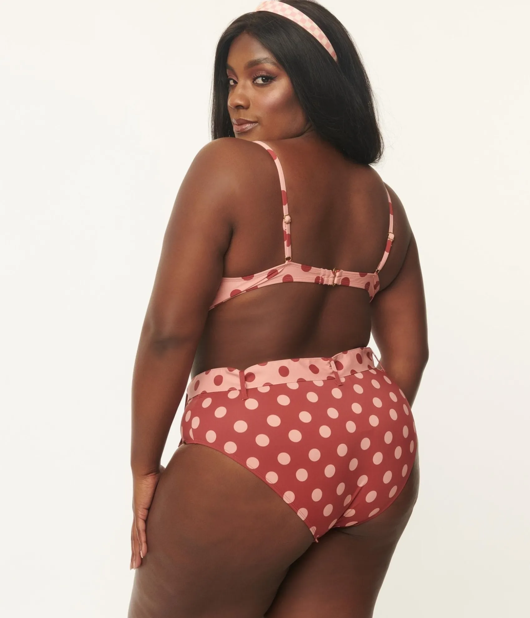 Unique Vintage Kingdom & State Plus Size Dusty Pink & Burgundy Polka Dot Swim Top Best Sale