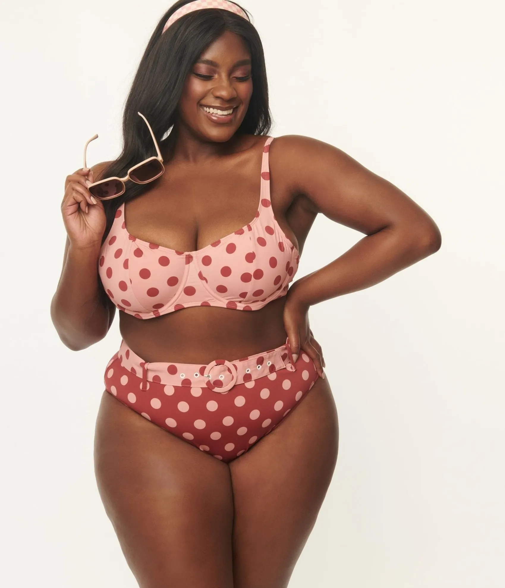 Unique Vintage Kingdom & State Plus Size Dusty Pink & Burgundy Polka Dot Swim Top Best Sale