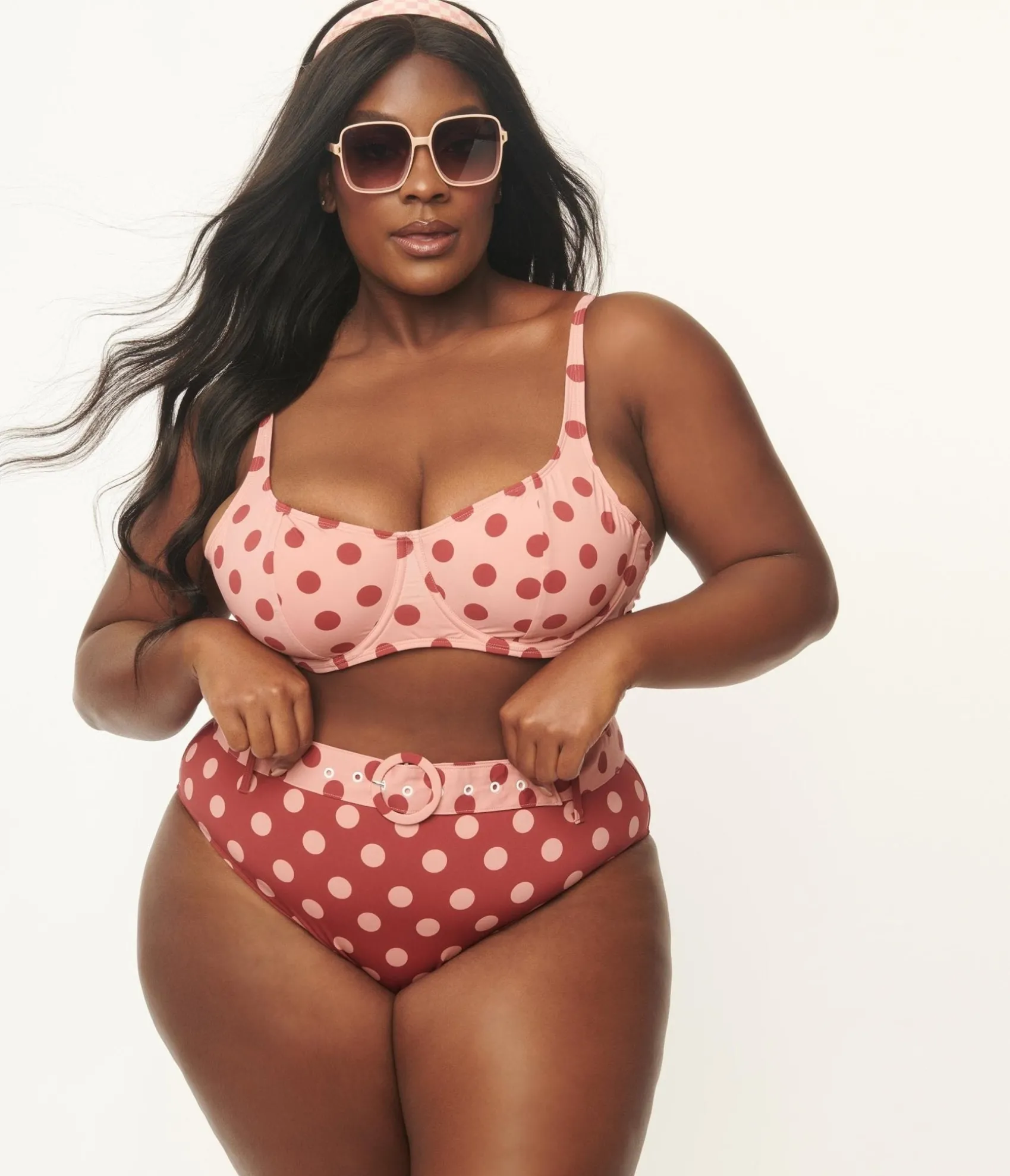 Unique Vintage Kingdom & State Plus Size Dusty Pink & Burgundy Polka Dot Swim Top Best Sale