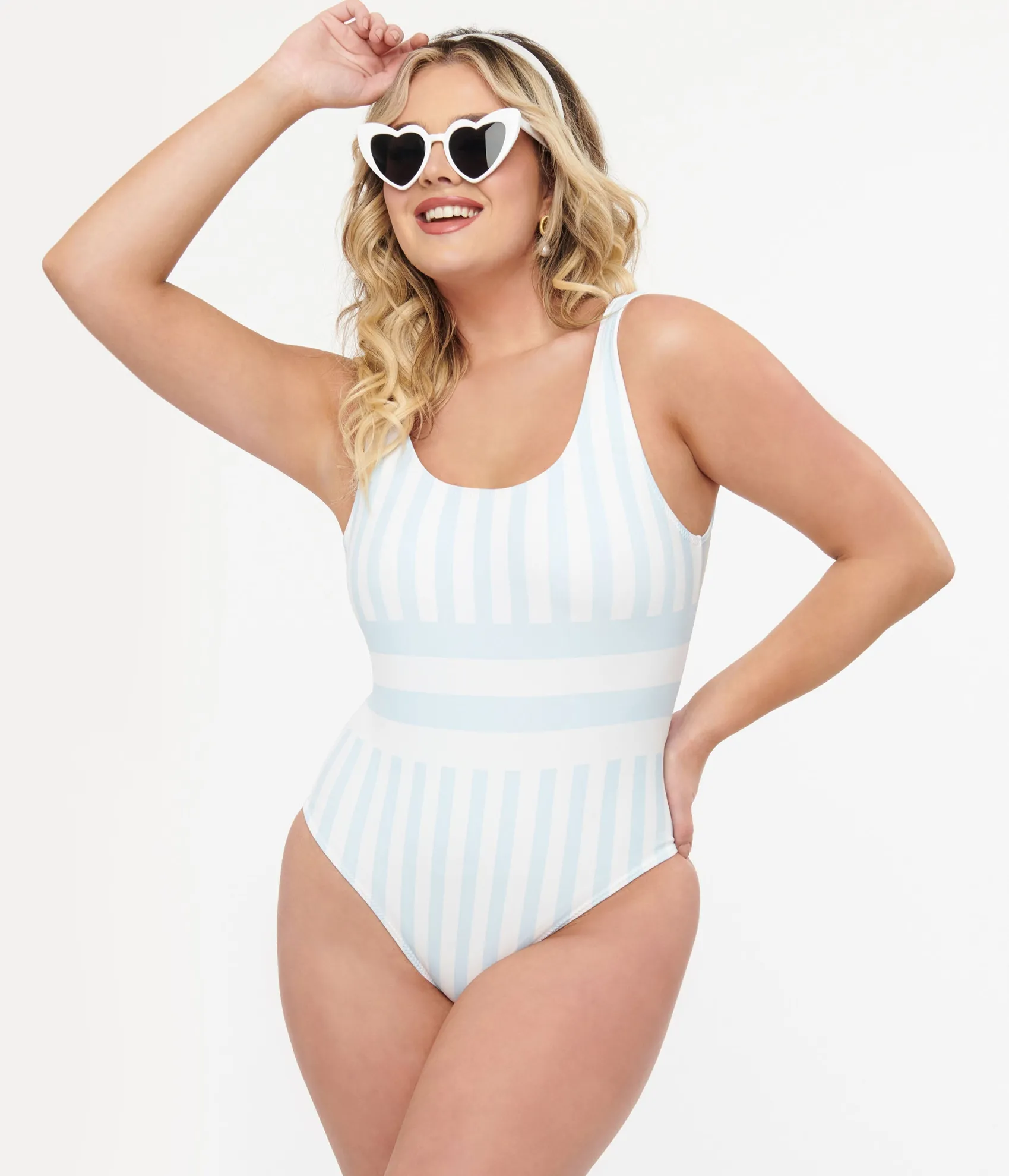 Unique Vintage Light Blue & White Stripe One Piece Swimsuit Flash Sale