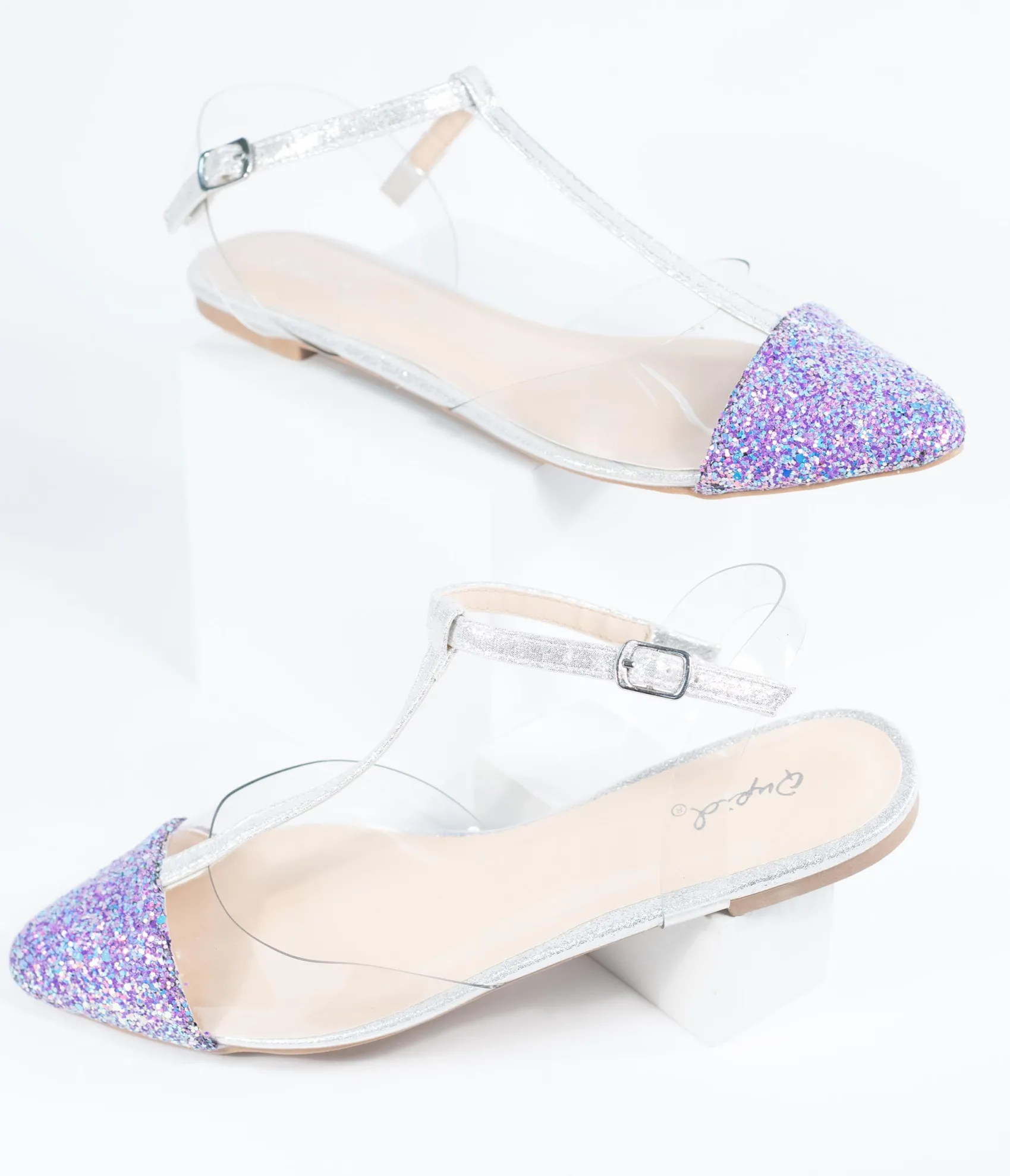 Unique Vintage Lilac Purple Glitter & Clear Vinyl T-Strap Flats Best Sale