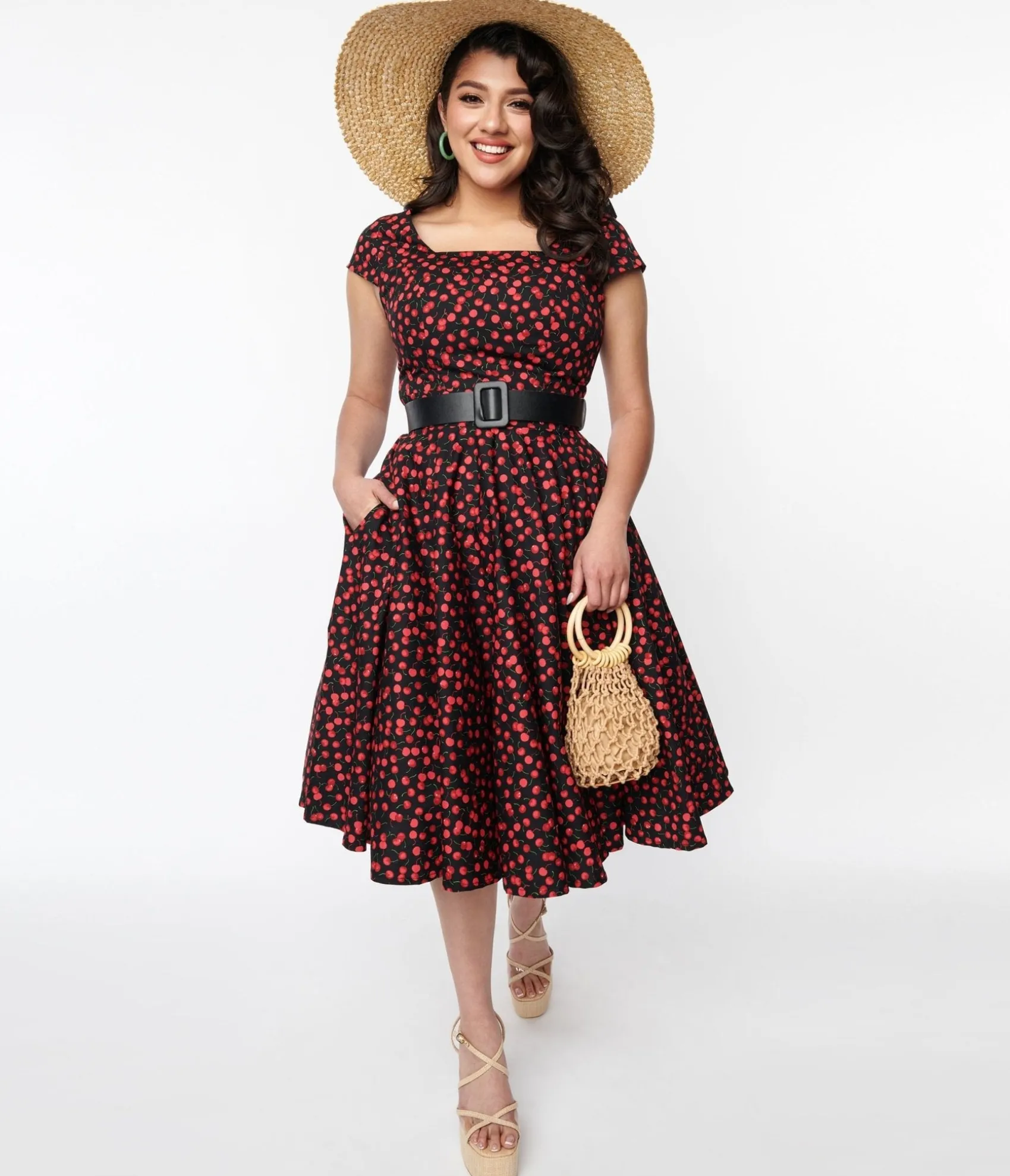 Unique Vintage Magnolia Place Black & Cherry Anna Swing Dress Cheap