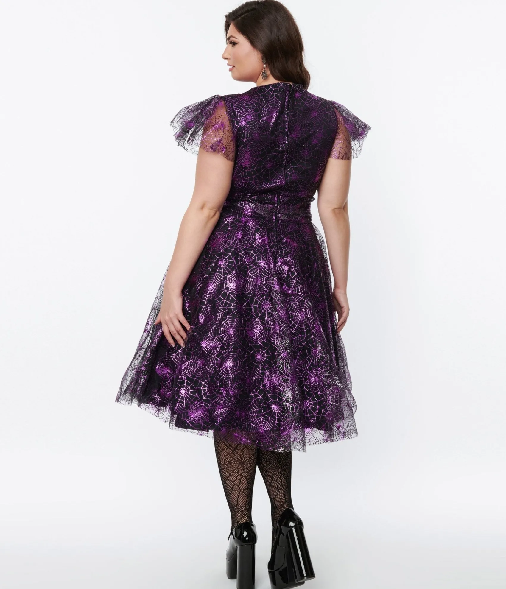 Unique Vintage Magnolia Place Black & Purple Spider Web Midori Swing Dress Hot