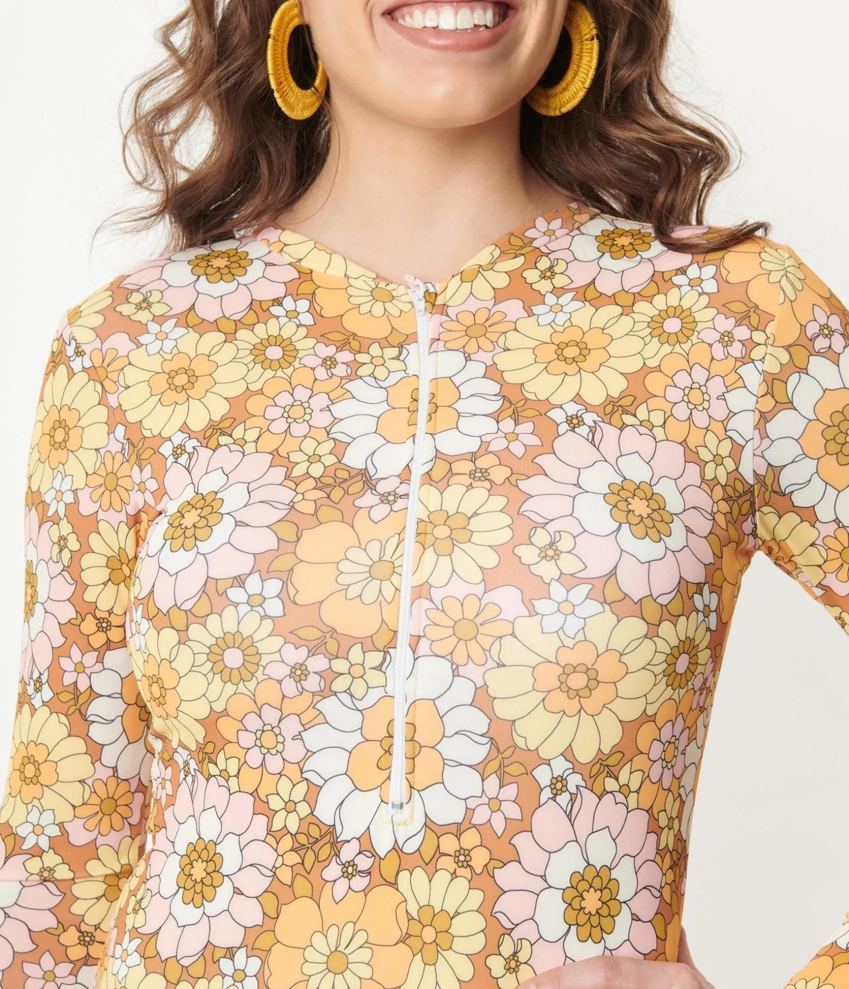 Unique Vintage Magnolia Place Mustard Floral Print Long Sleeve Swimsuit Outlet