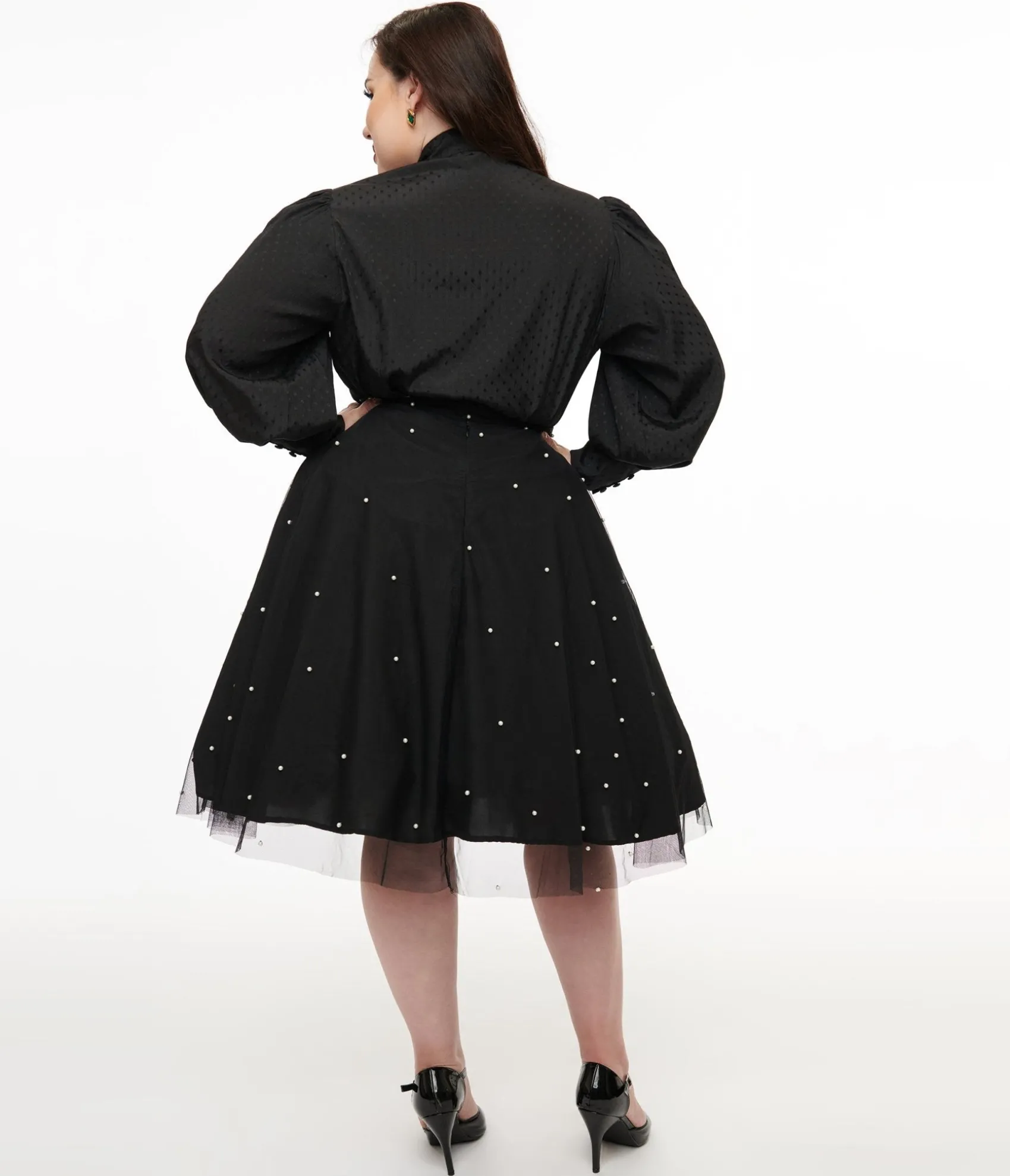 Unique Vintage Magnolia Place Plus Size Black & Faux Pearl Sally Swing Skirt Fashion
