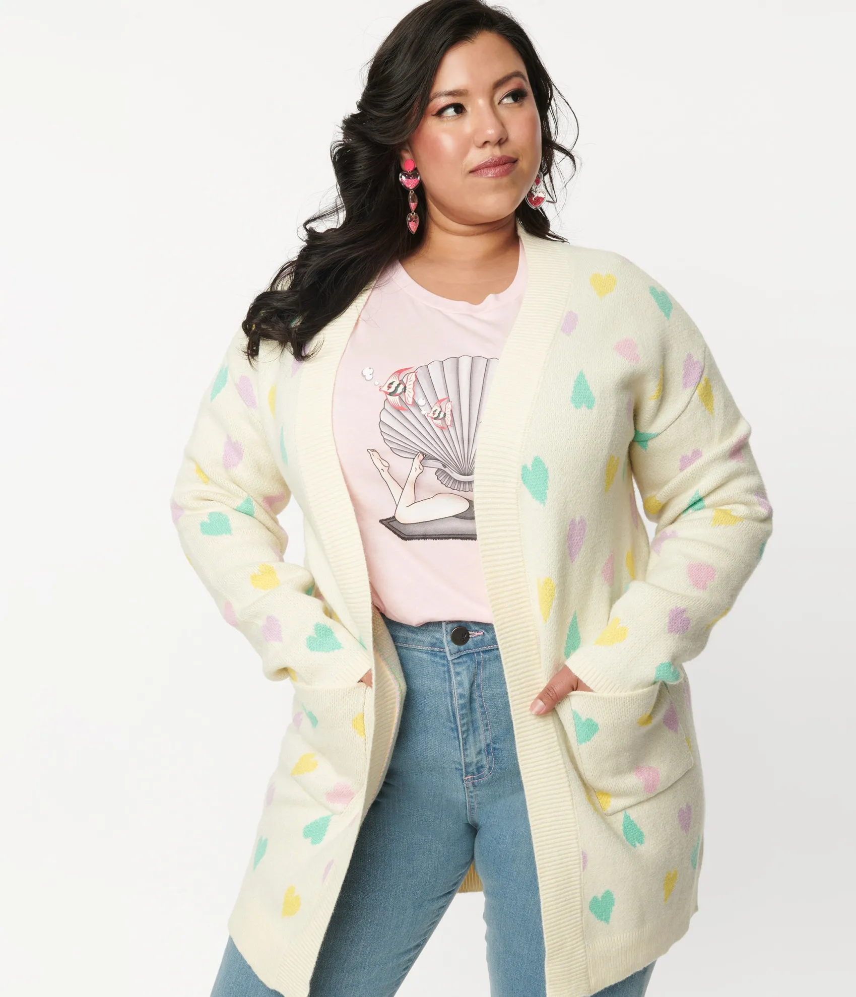 Unique Vintage Magnolia Place Plus Size Cream & Pastel Hearts Cardigan Fashion