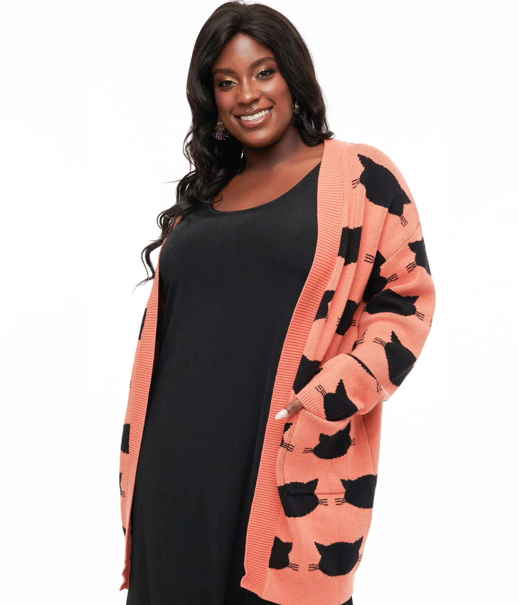 Unique Vintage Magnolia Place Plus Size Orange & Black Cat Cardigan Store