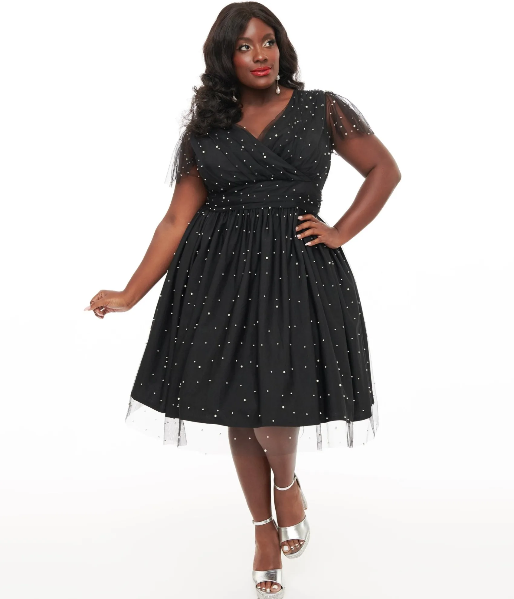 Unique Vintage Magnolia Place Plus Size 1950s Black Faux Pearl Swing Dress Flash Sale