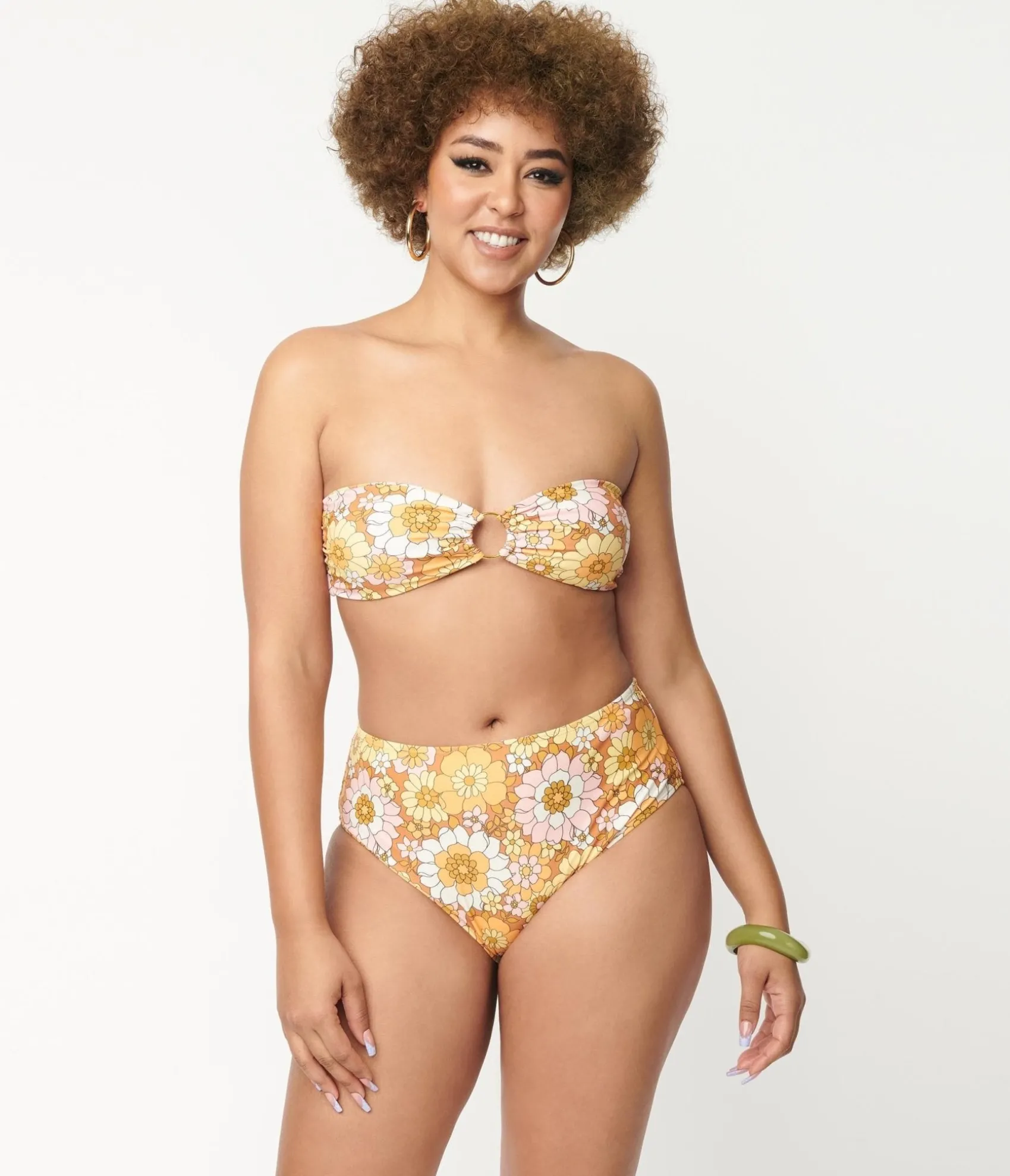 Unique Vintage Magnolia Place 1970s Mustard Floral Print Two Piece Swimsuit Discount