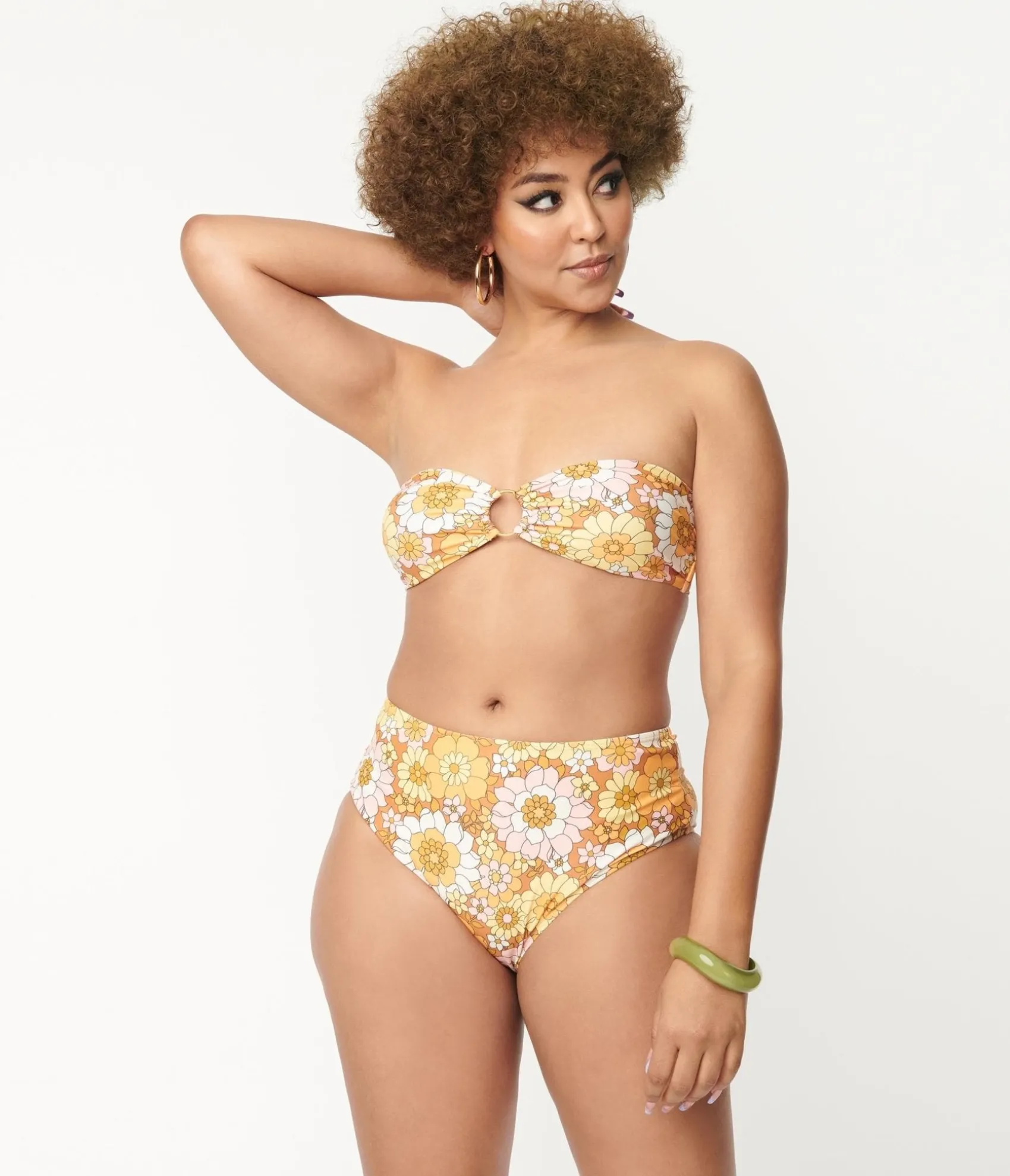 Unique Vintage Magnolia Place 1970s Mustard Floral Print Two Piece Swimsuit Discount