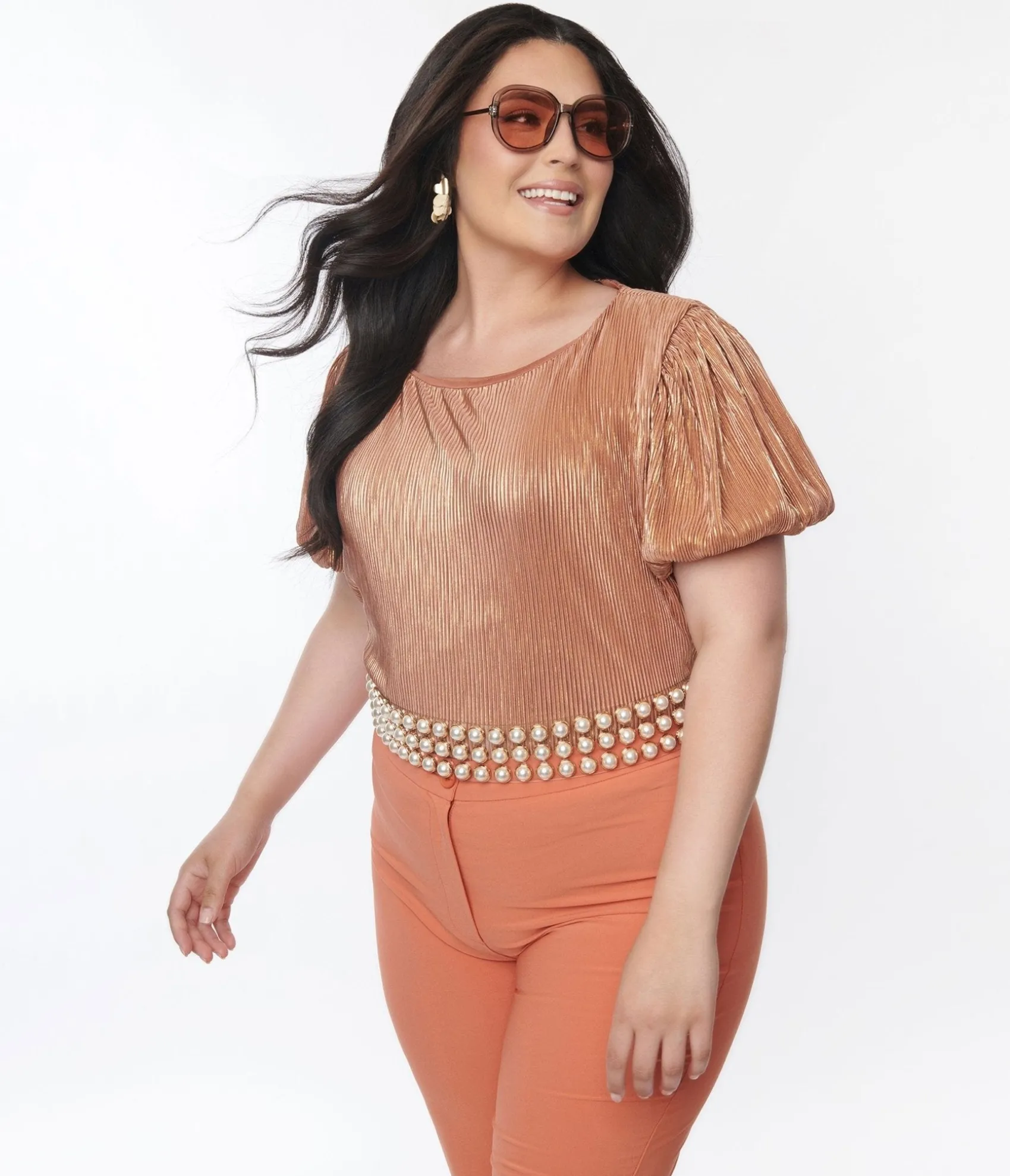 Unique Vintage Metallic Copper Ribbed Blouse Discount