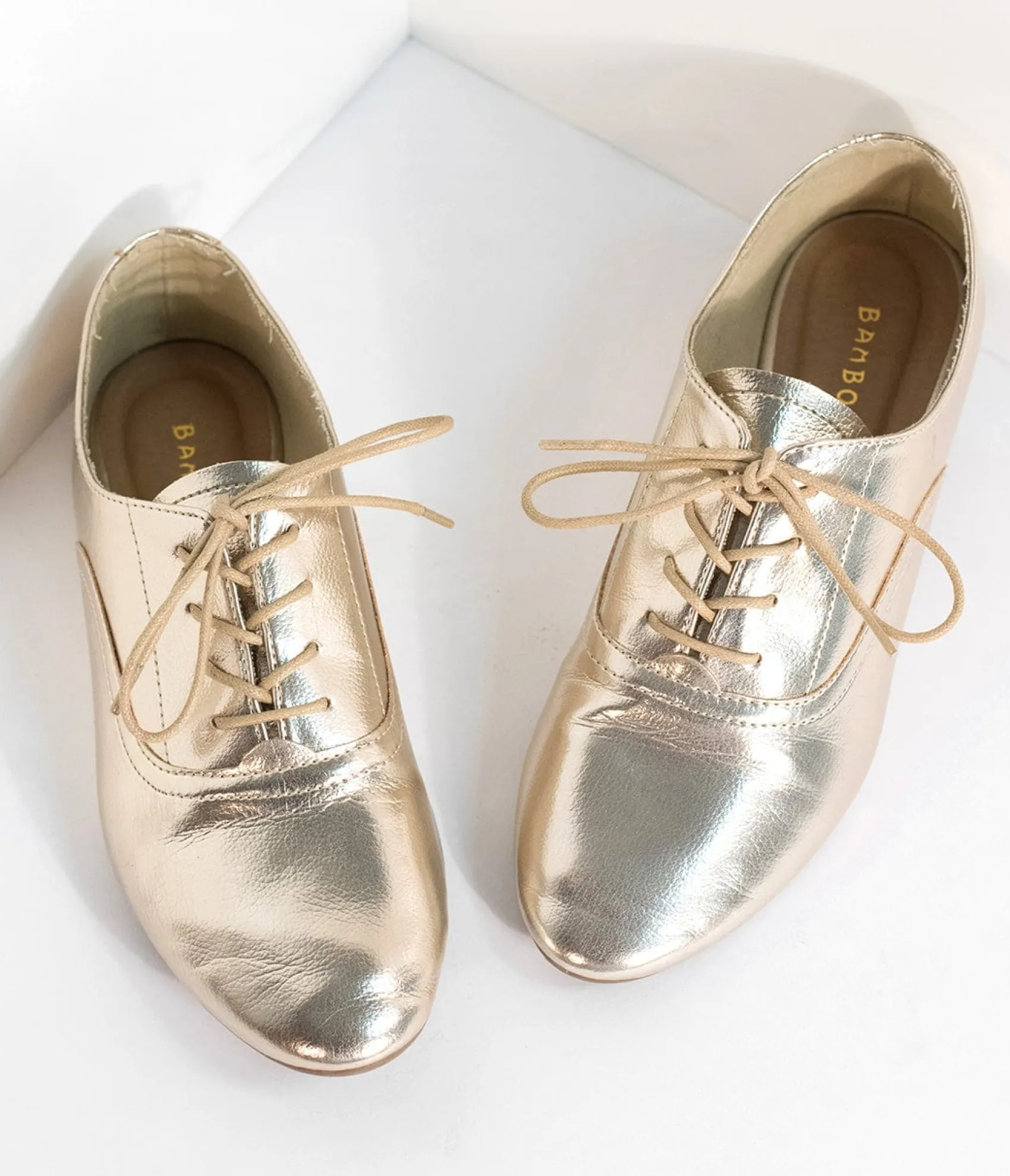 Unique Vintage Metallic Gold Classic Lace Up Flats Clearance