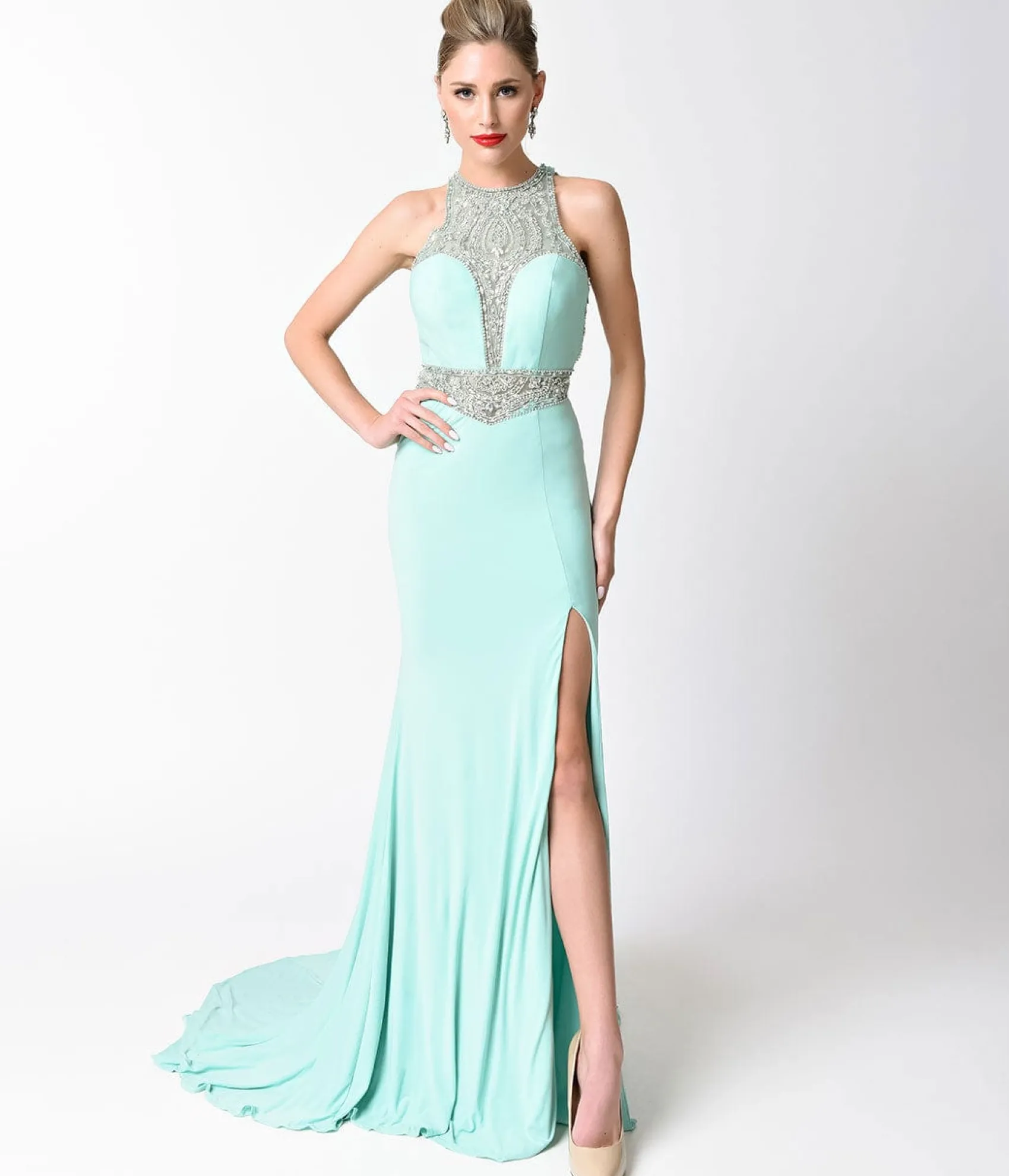Unique Vintage Mint Blue Fitted Jeweled Split Long Dress Store