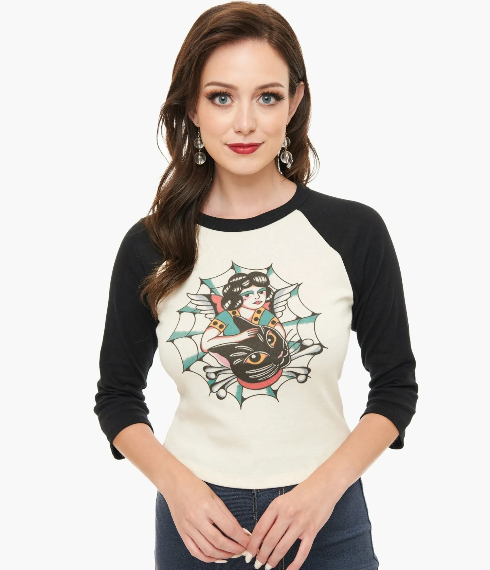 Unique Vintage Mischief Made White & Black The Outlaw Lady Cat Cropped Graphic Tee Store