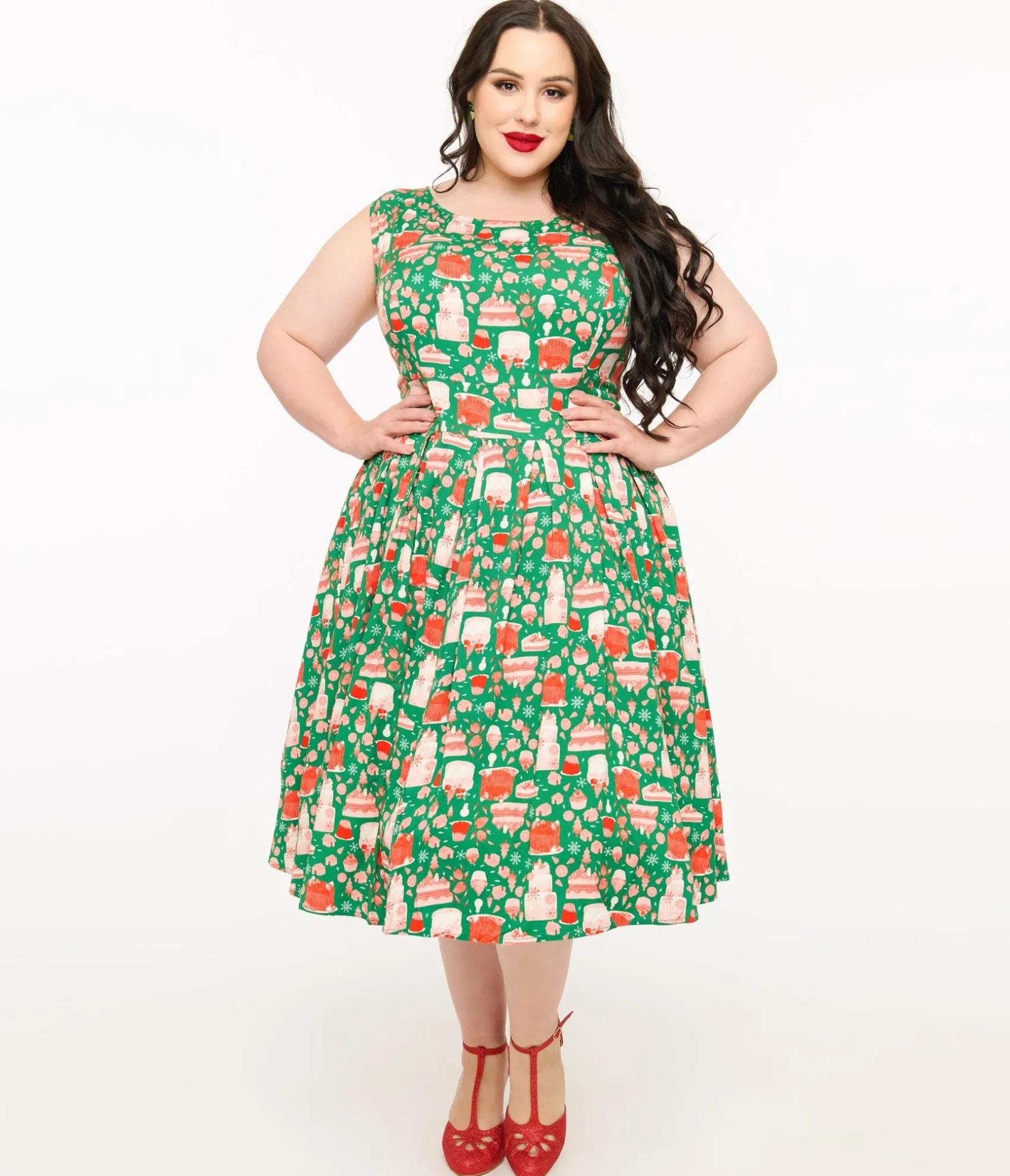 Unique Vintage Miss Lulo Plus Size 1950s Green & Red Holiday Cake Lily Swing Dress Discount