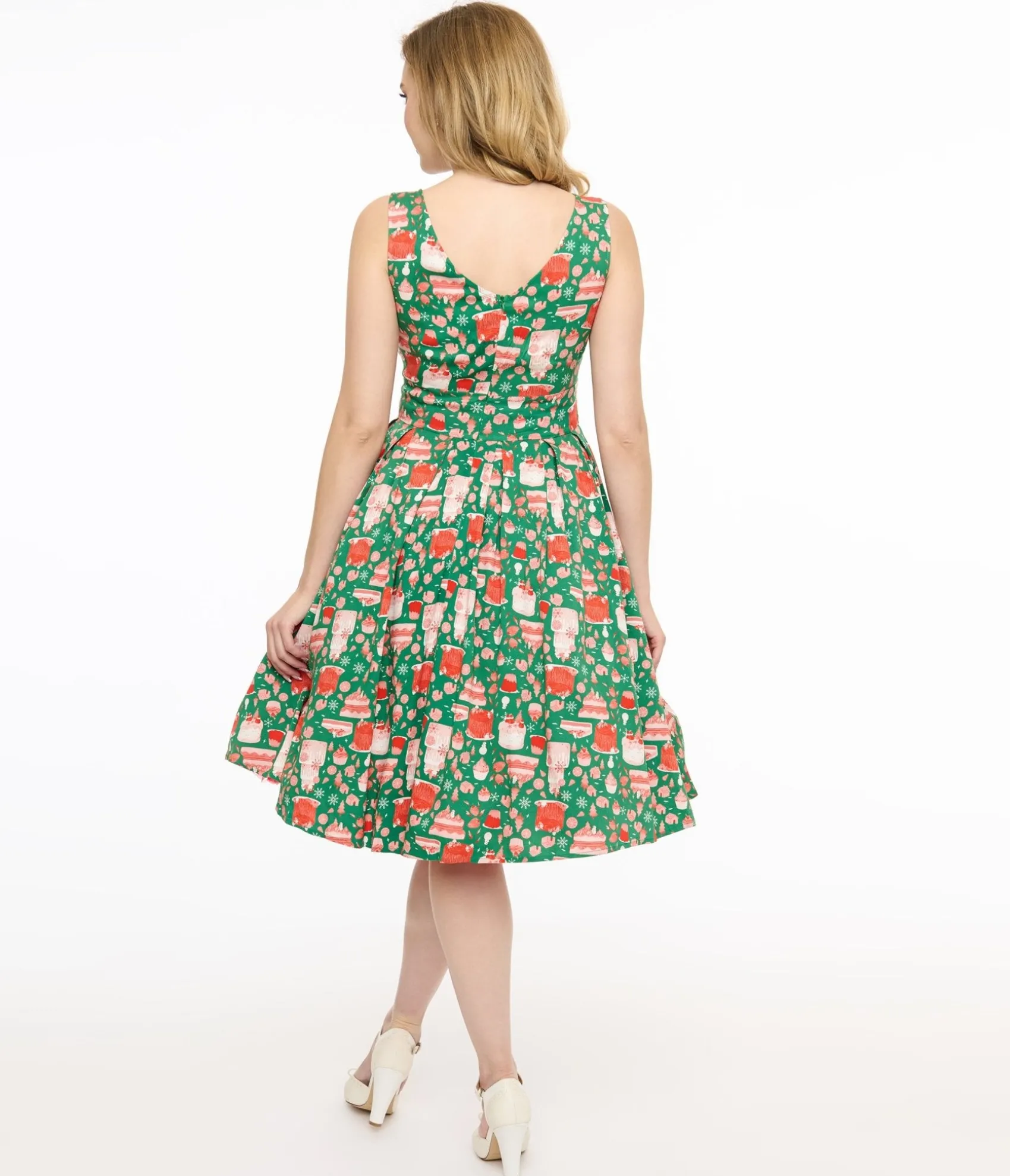 Unique Vintage Miss Lulo 1950s Green & Red Holiday Cake Lily Swing Dress Store