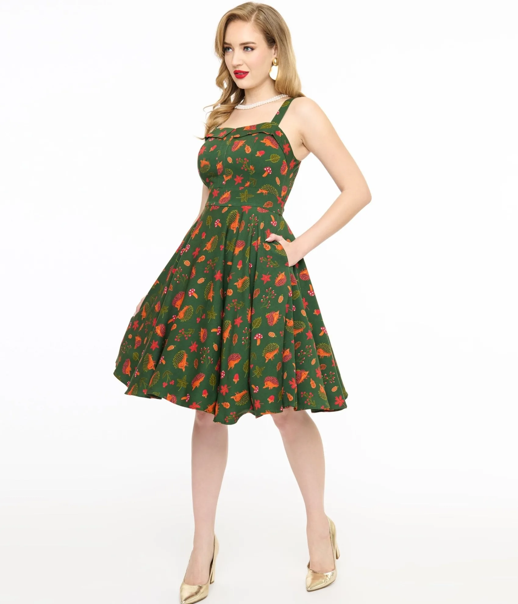 Unique Vintage Miss Lulo 1950s Green Hedgehog Forest Print Kyla Fit & Flare Dress Best Sale