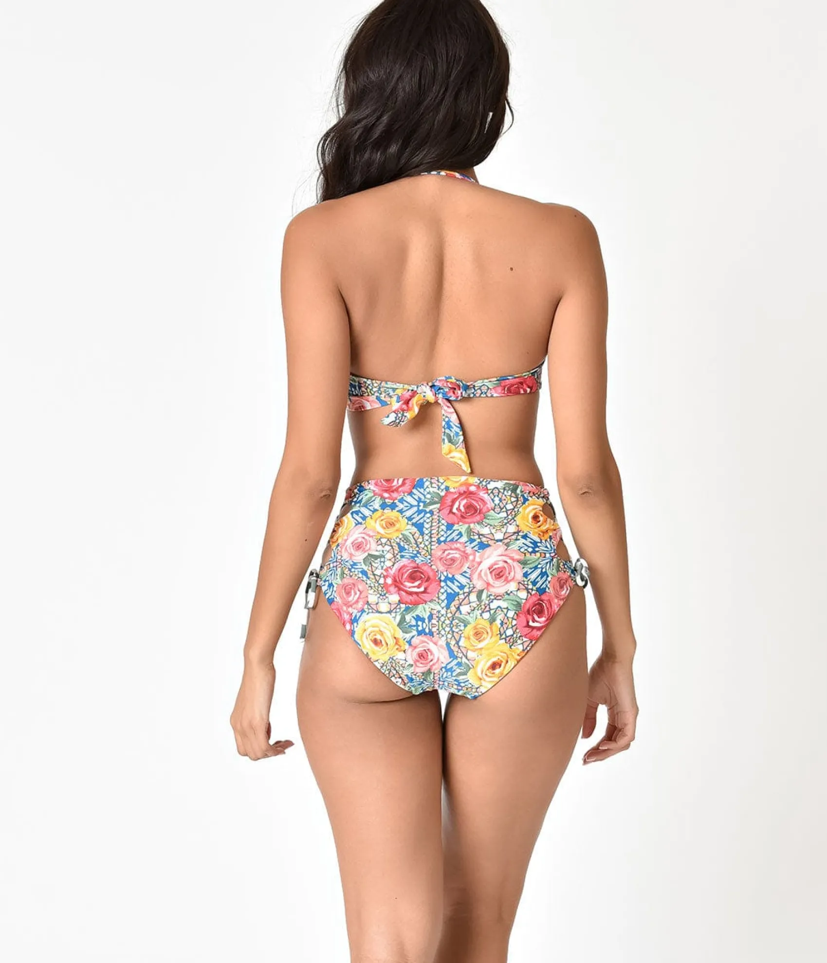 Unique Vintage Multicolor Roses Mosaic & Green Stripe Reversible Swim Bottoms Outlet