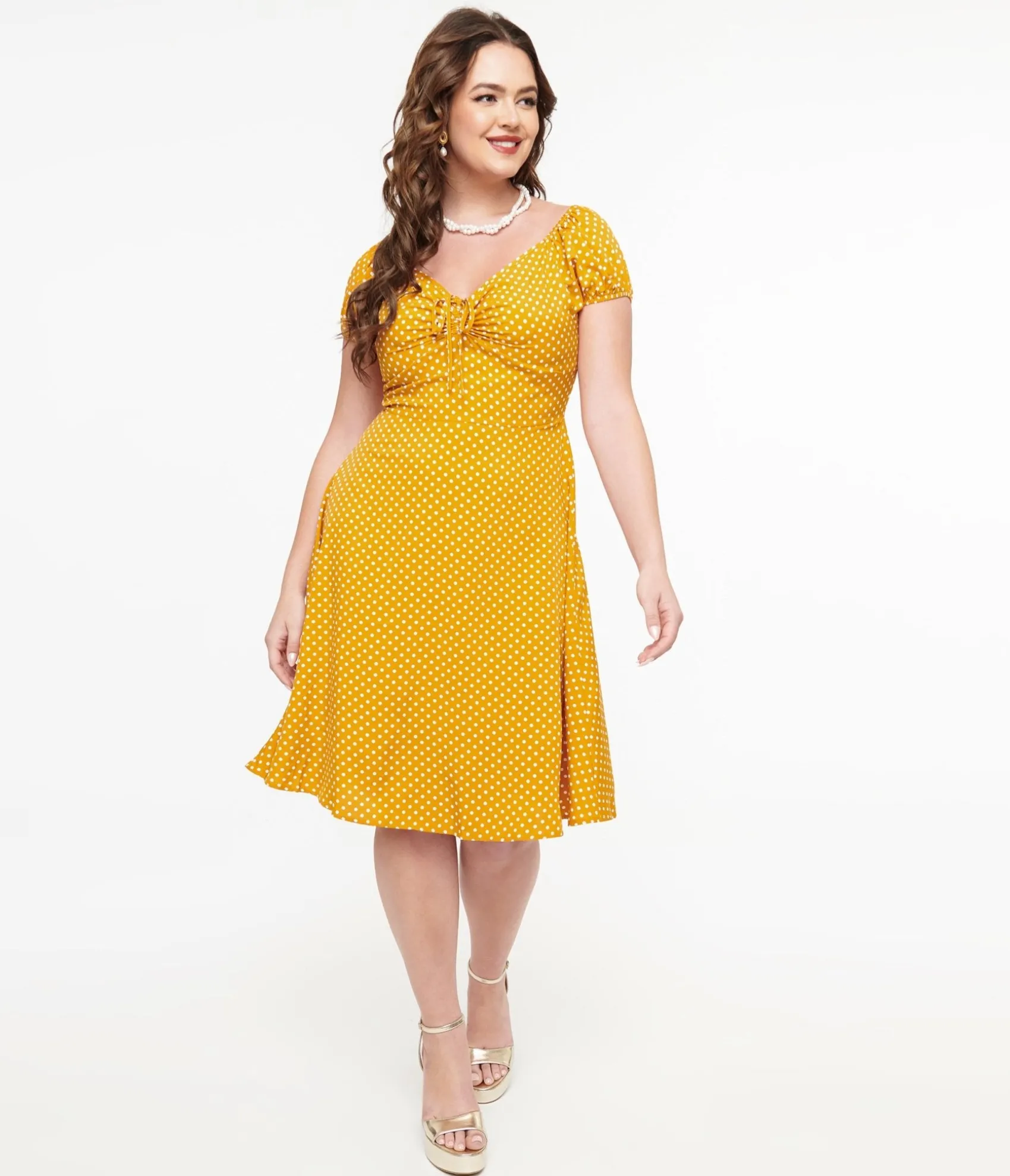 Unique Vintage Mustard & White Polka Dot Fit & Flare Dress Cheap