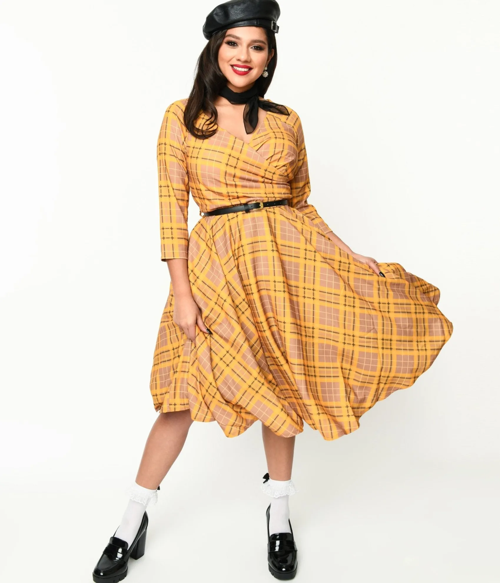 Unique Vintage Mustard Yellow Plaid Kacee Swing Dress Fashion