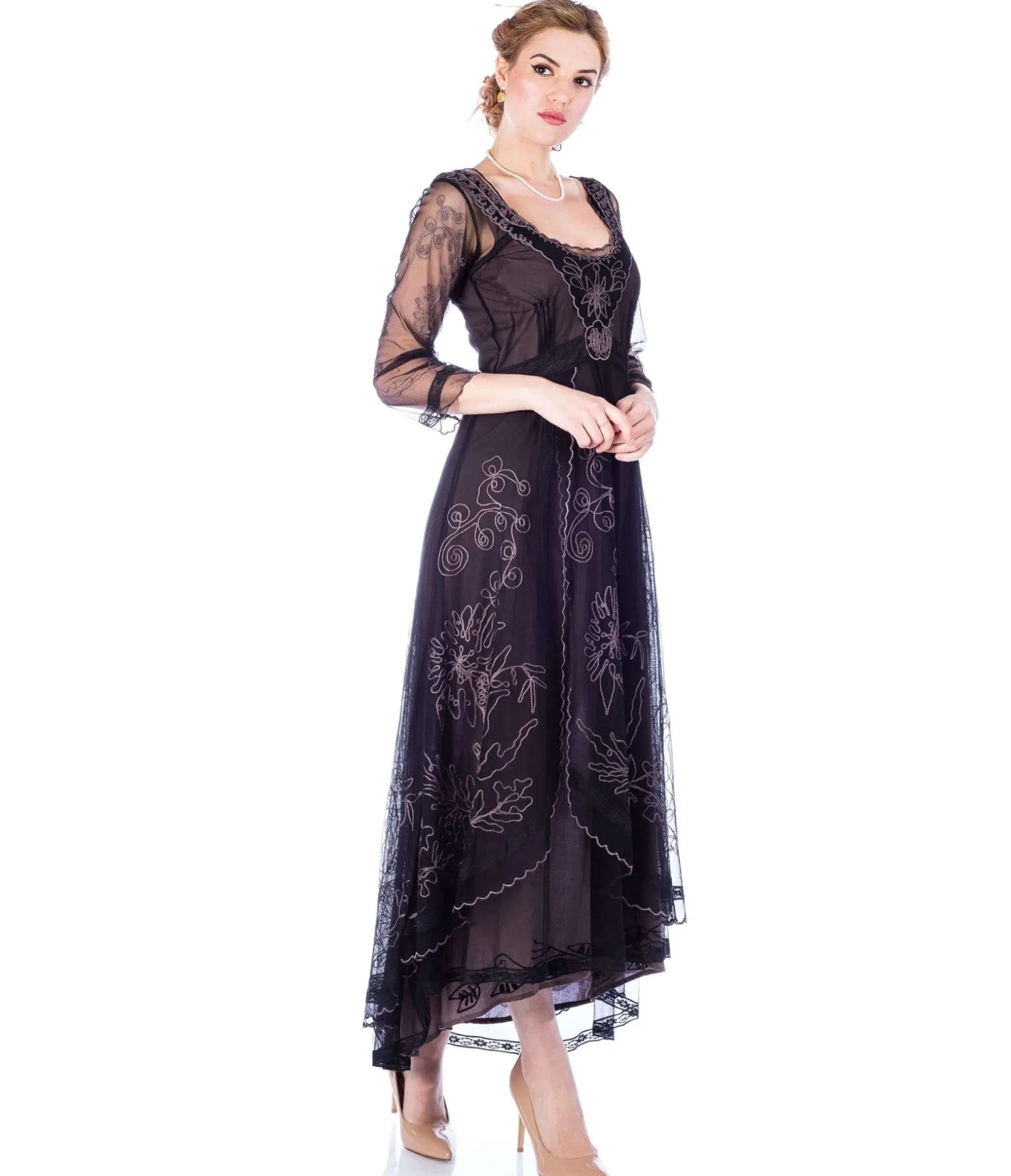 Unique Vintage Nataya Black Embroidered Tulle Downton Abbey Edwardian Tea Party Dress Online