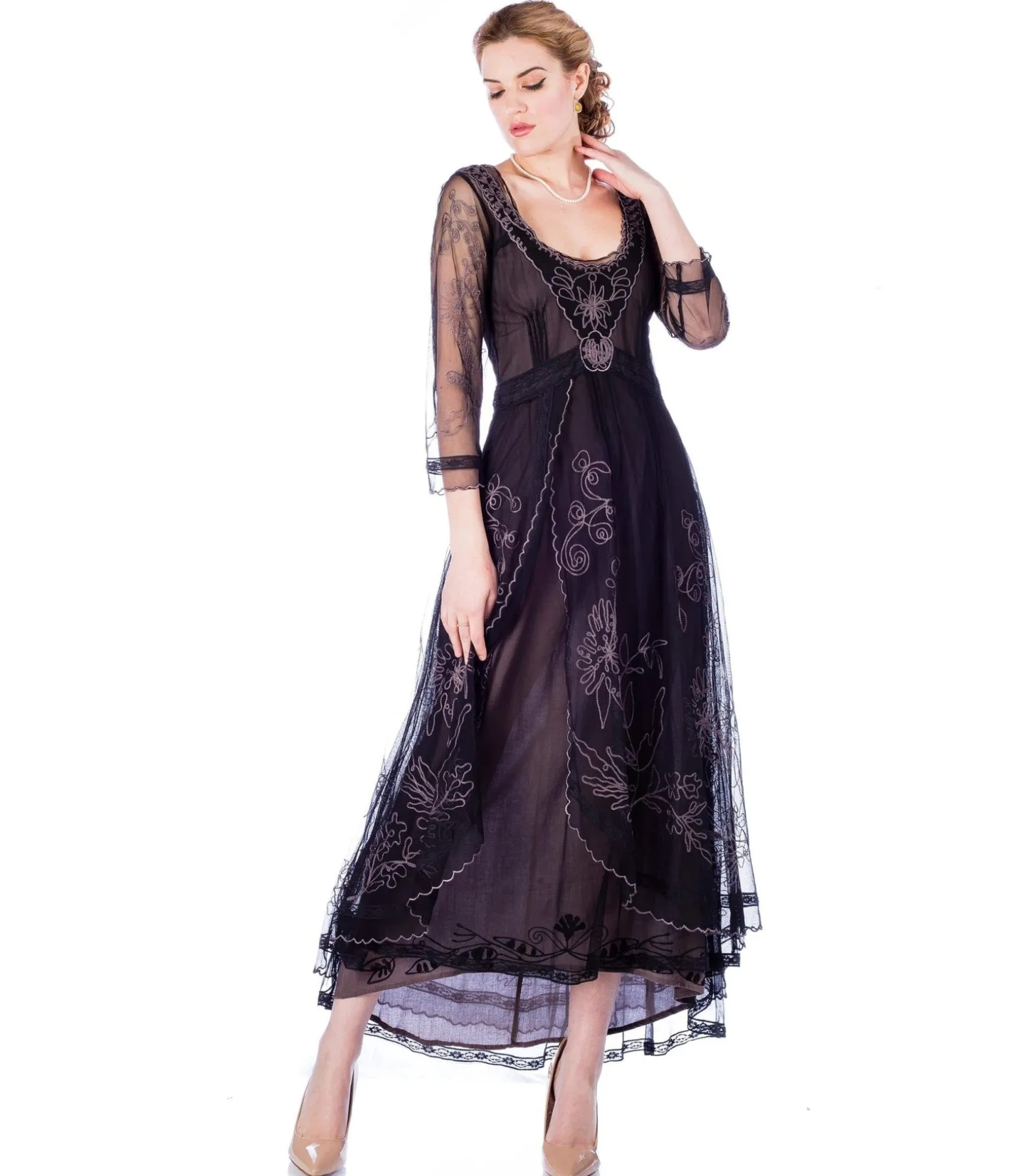 Unique Vintage Nataya Black Embroidered Tulle Downton Abbey Edwardian Tea Party Dress Online