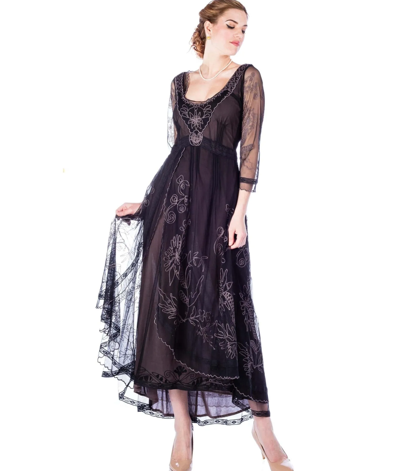 Unique Vintage Nataya Black Embroidered Tulle Downton Abbey Edwardian Tea Party Dress Online