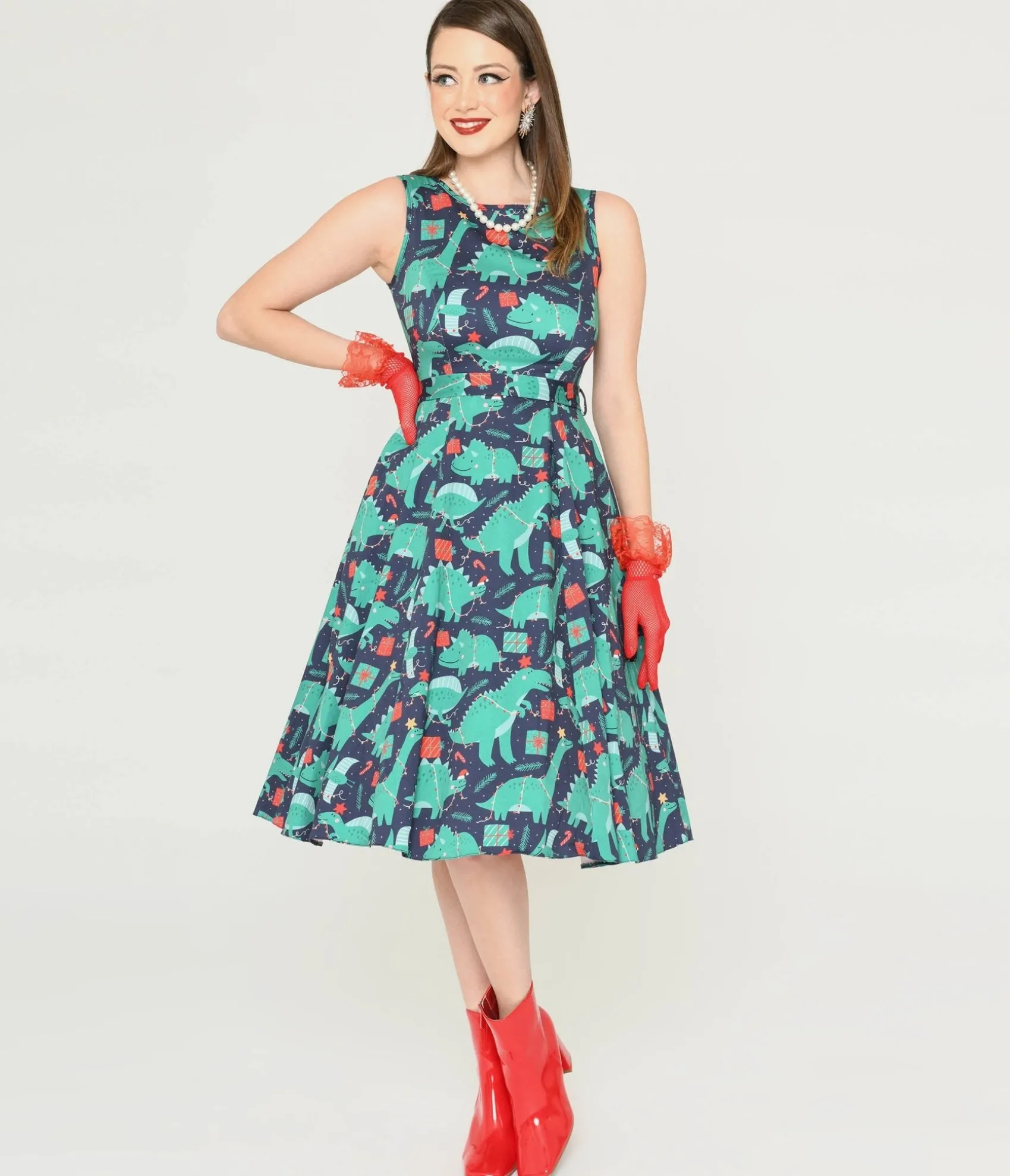 Unique Vintage Navy & Dino Christmas Print Swing Dress Discount