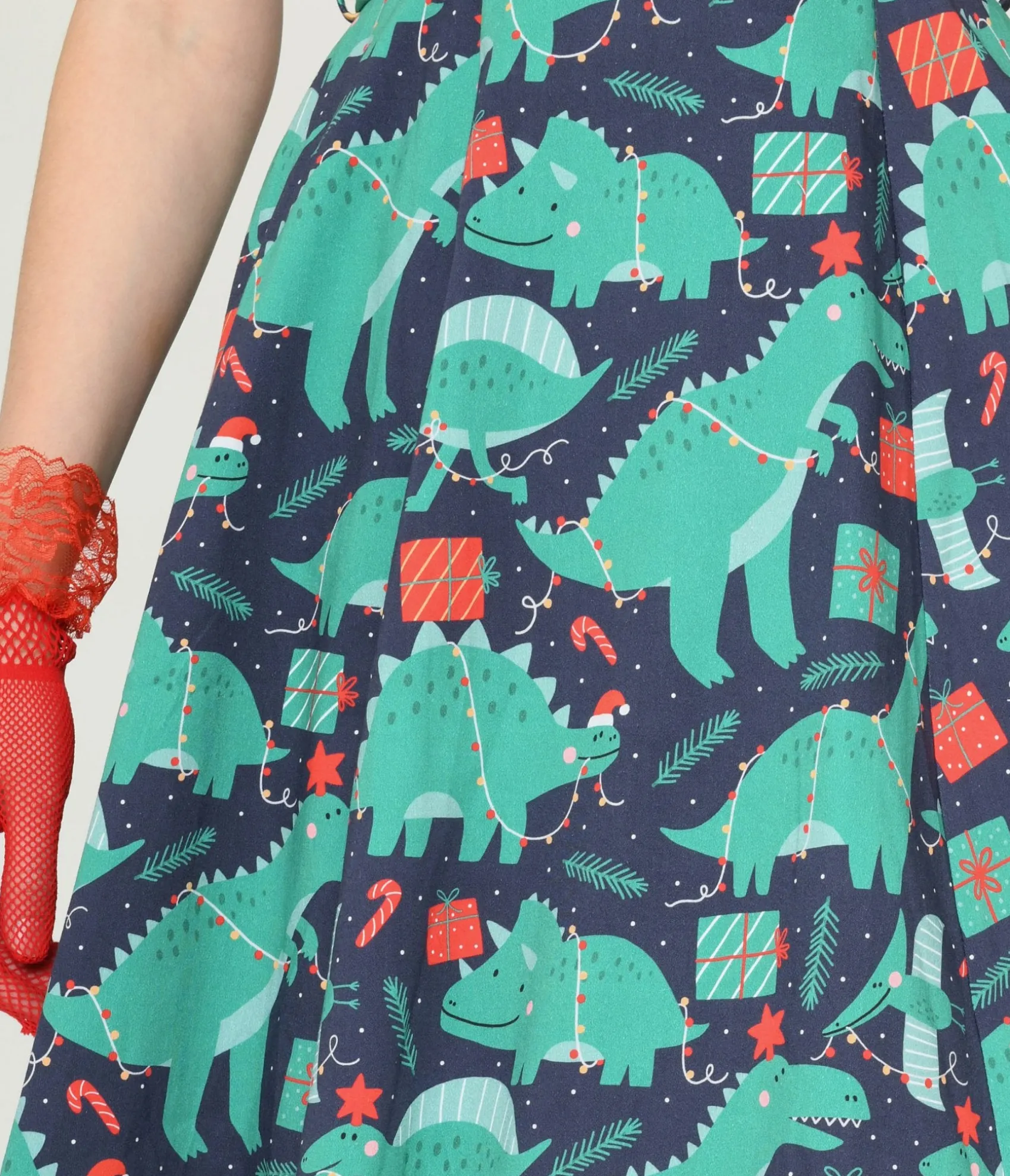 Unique Vintage Navy & Dino Christmas Print Swing Dress Discount