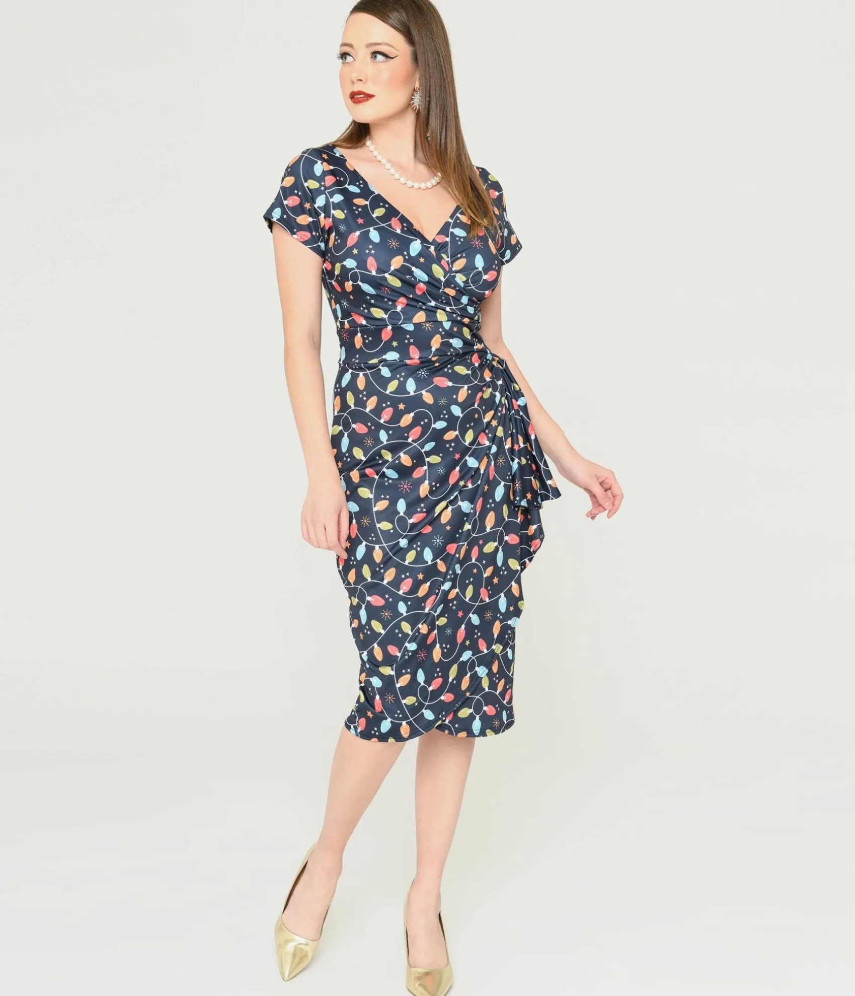 Unique Vintage Navy & Holiday Lights Wiggle Dress Outlet