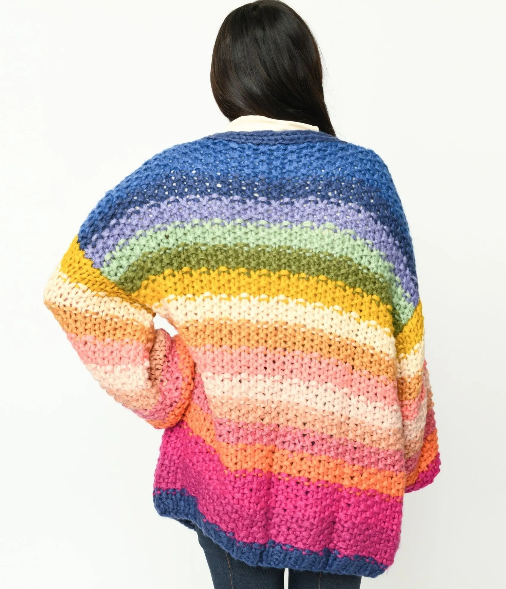 Unique Vintage Navy & Multicolor Striped Crochet Knit Open Cardigan Outlet