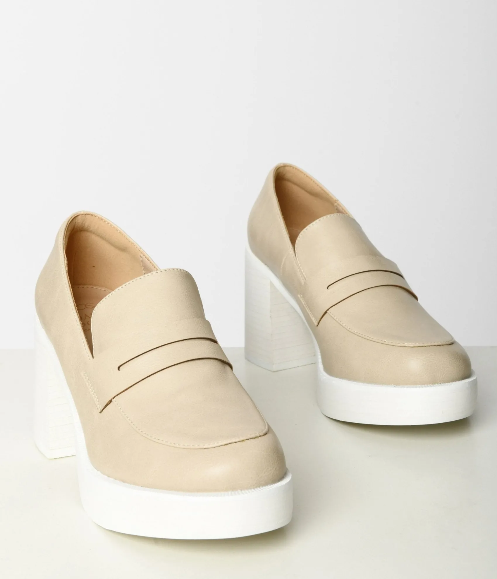 Unique Vintage Nude & White Leatherette Platform Loafers Discount
