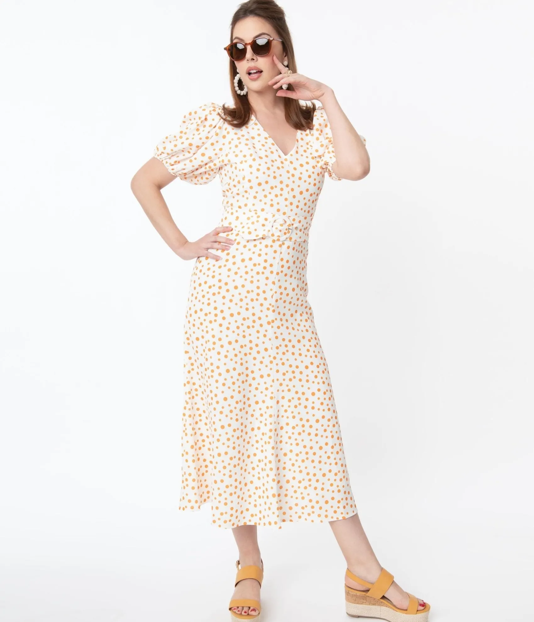 Unique Vintage Off White & Orange Polka Dot Catherine Maxi Dress Hot
