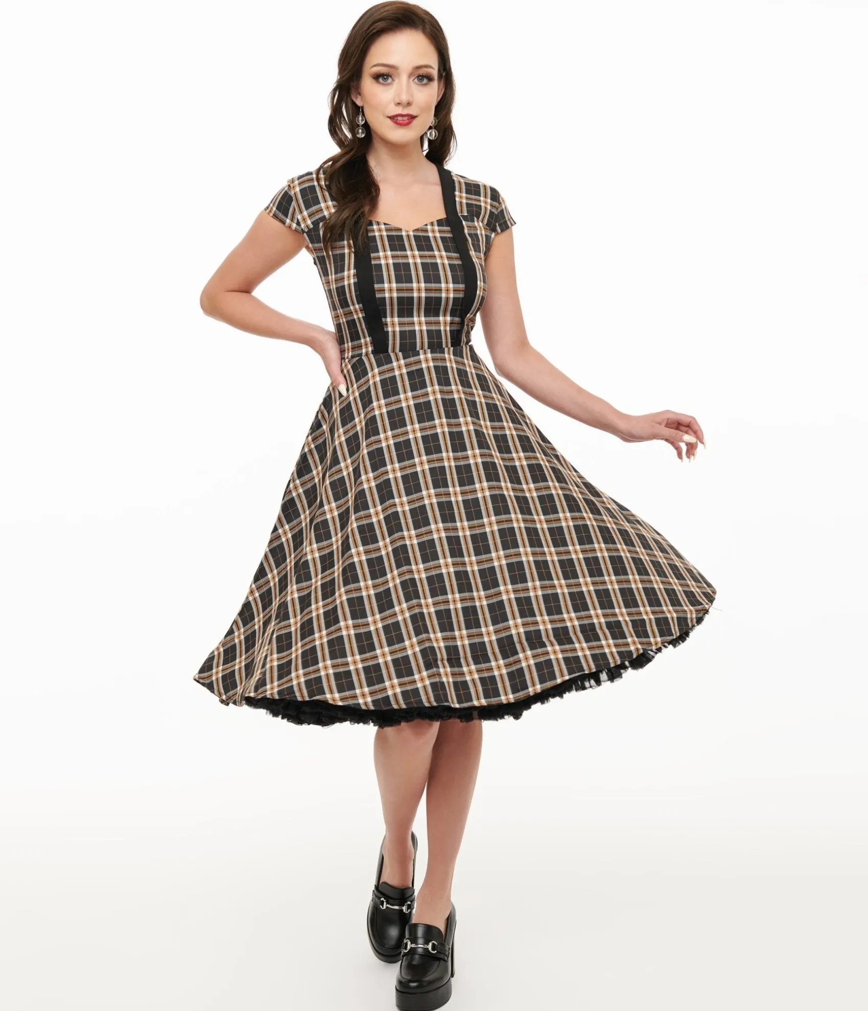 Unique Vintage Orchid Bloom 1950s Black Plaid Swing Dress Discount