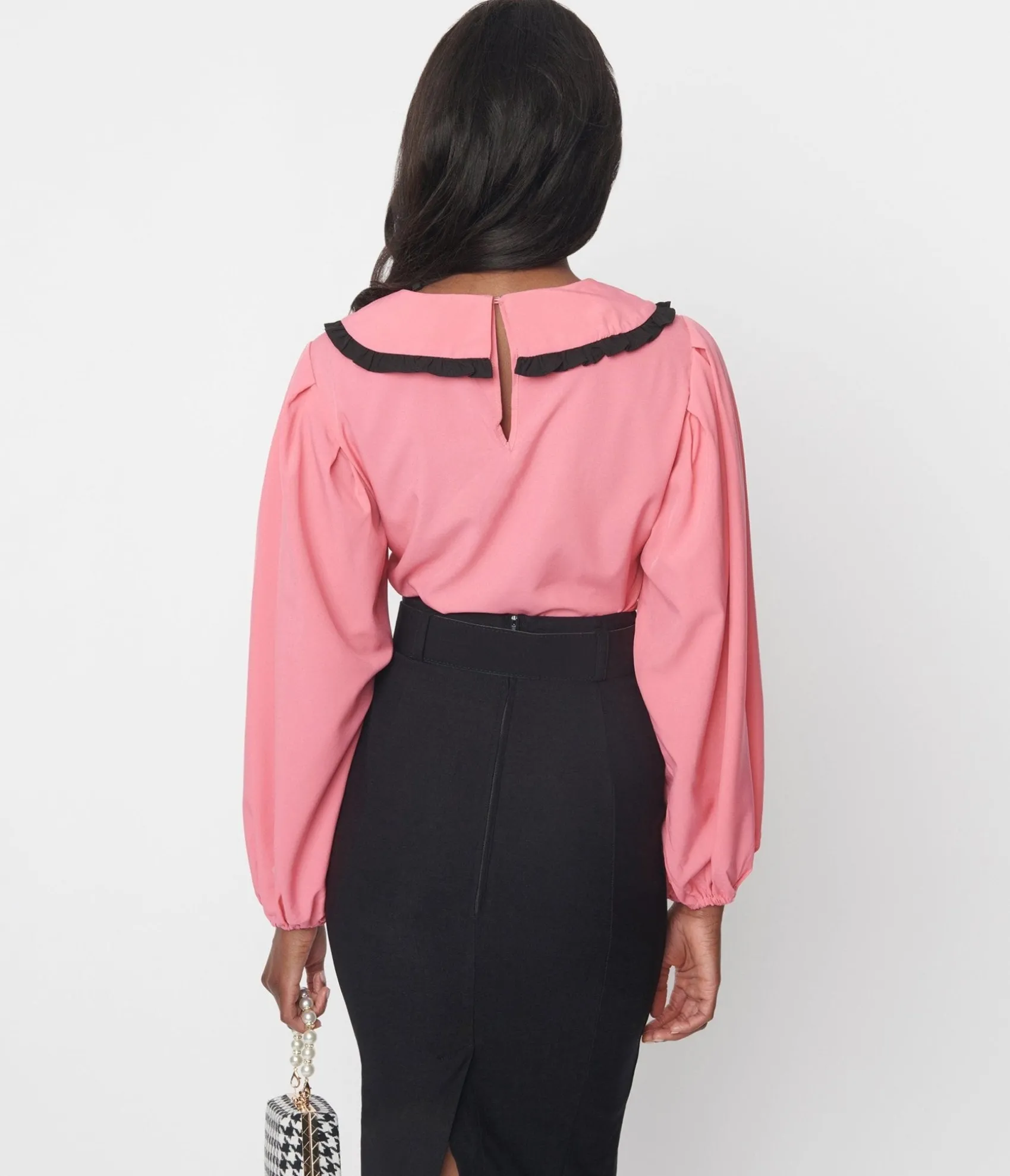 Unique Vintage Pink & Black Ruffle Trim Long Sleeve Blouse Flash Sale